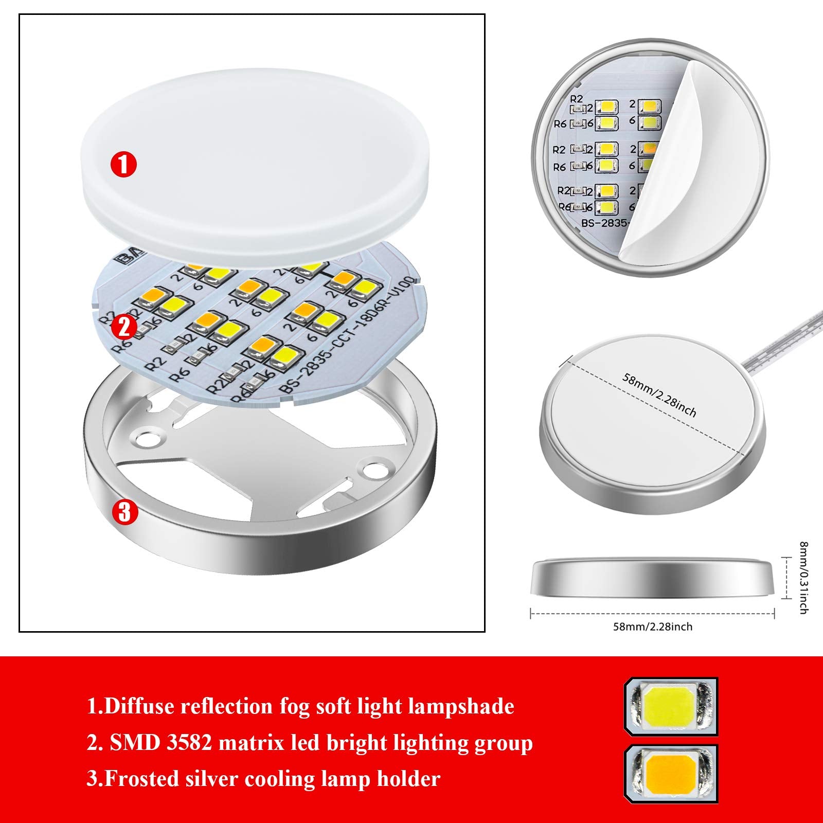 MYPLUS Under Cabinet LED Puck Lights, 4-Pack, 390Lm, Dimmable, Remote Control, Cct White, Model MYPLUSCS202US