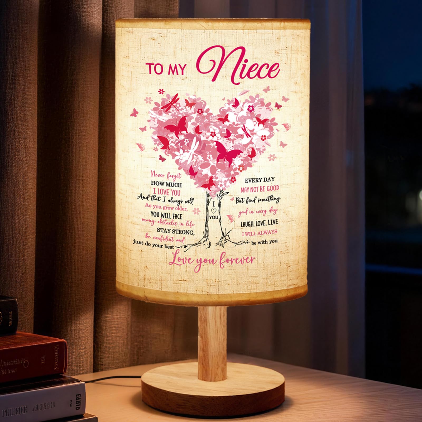 Calibron Niece Gifts from Auntie, Gifts for Niece Fabric Lamp, Nieces Birhtday Graduation Wedding Gift Table Lamp with Wooden S