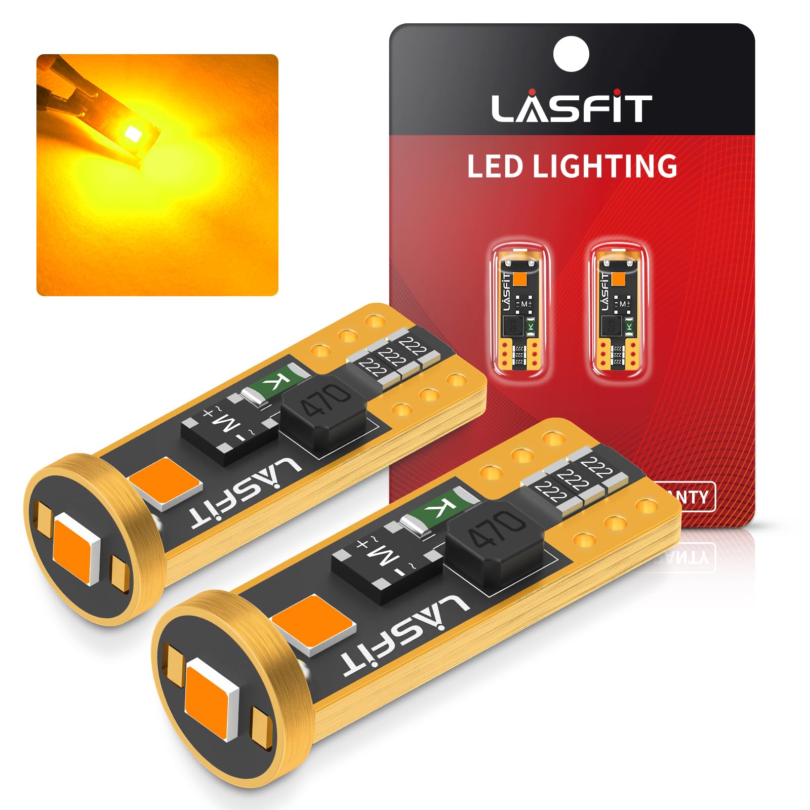 LASFIT LED Bulb T10 194 2825 W5W, Amber Yellow, Non-Polarity, 400LM, Pack of 2