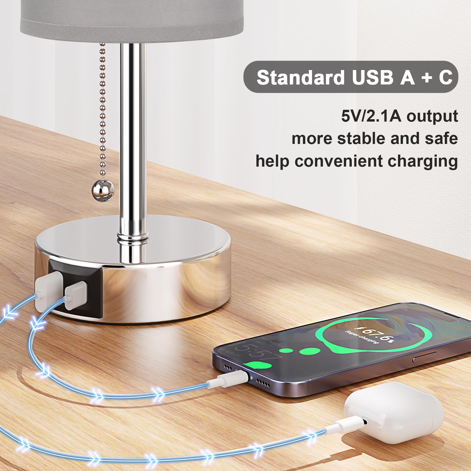 Grey Table Bedside Lamp For Bedroom Nightstand - Small Silver Lamp With Usb A + C Charging Port, 3 Color Temperatures Pull Chain