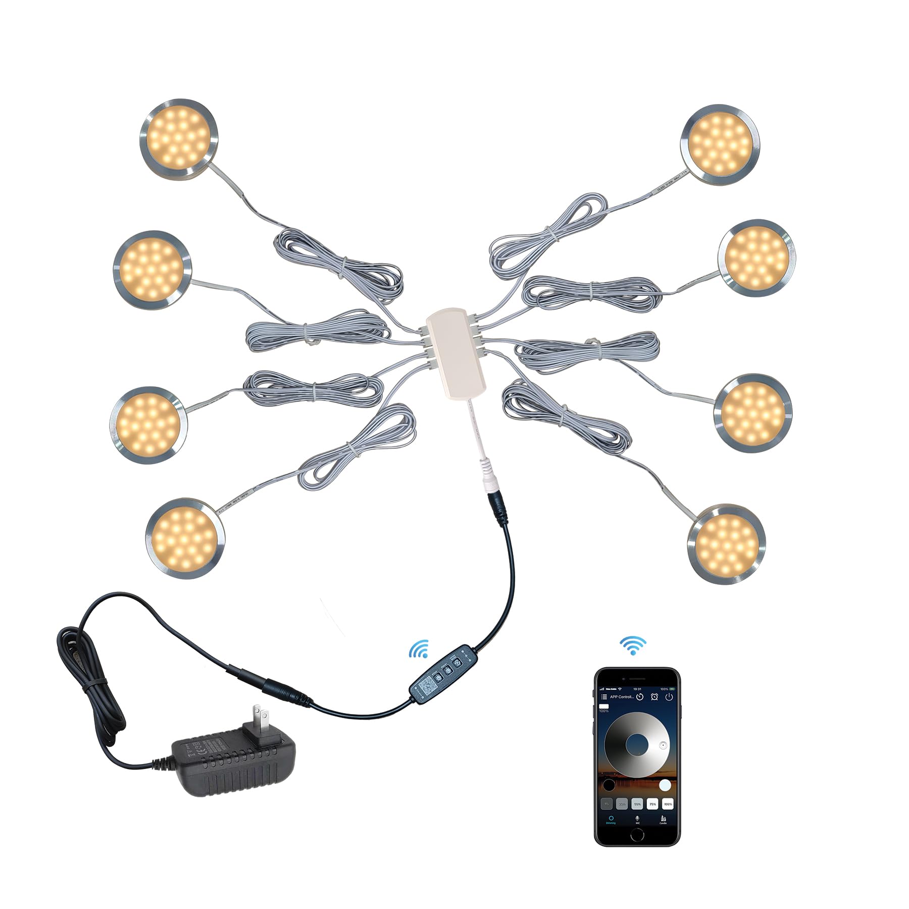 Crisetek Puck Lights 8 Packs Bluetooth App Smart Control Dimmable Tact Switch Under Cabinet Light Cabinet Lighting Cabinet Lights Dc 12V Adaptor (Warm White, App 8Pack)