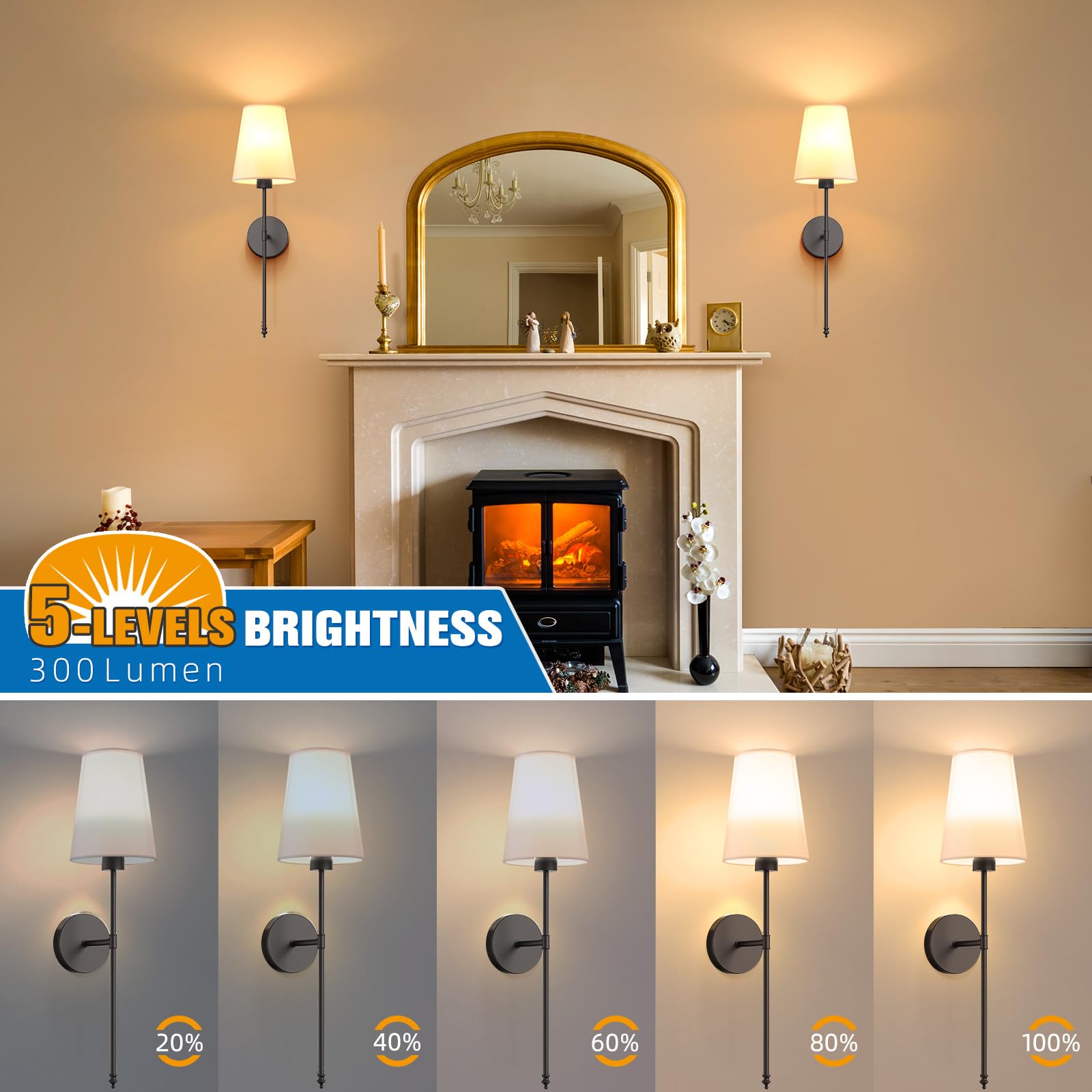 NIORSUN Battery Operated Wall Sconce Set of 2, 25.4" Black Metal Lights with 5200mAh Dimmable Bulbs, Remote, 9 Colors