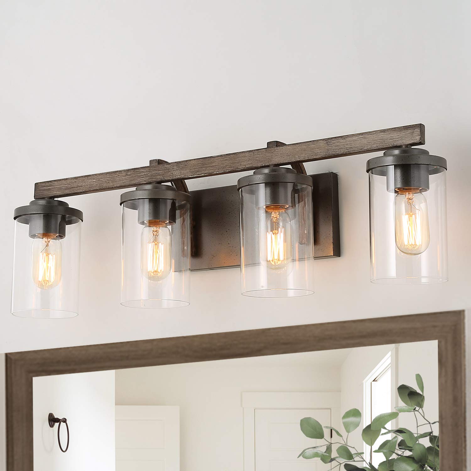 LALUZ Bathroom Vanity Light Fixtures, Farmhouse Vanity Lighting with Clear Glass Shades, Faux Wood, 4-Light, 28 L x 6.3 W x 8.7 