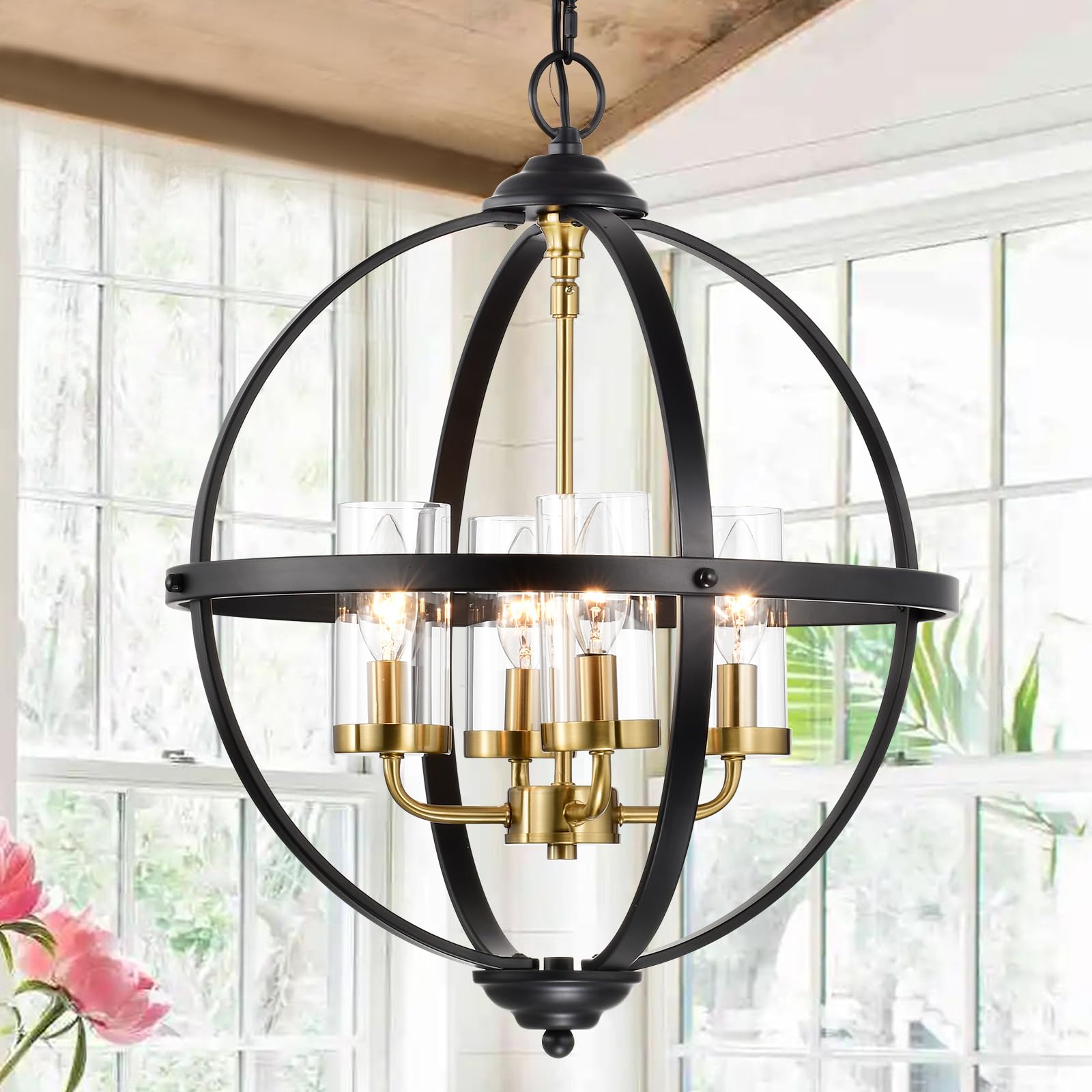 Treekee Rustic Chandelier 4-Light Glass Pendant 17in Iron Black and Gold Finish for Living Room Dining Room