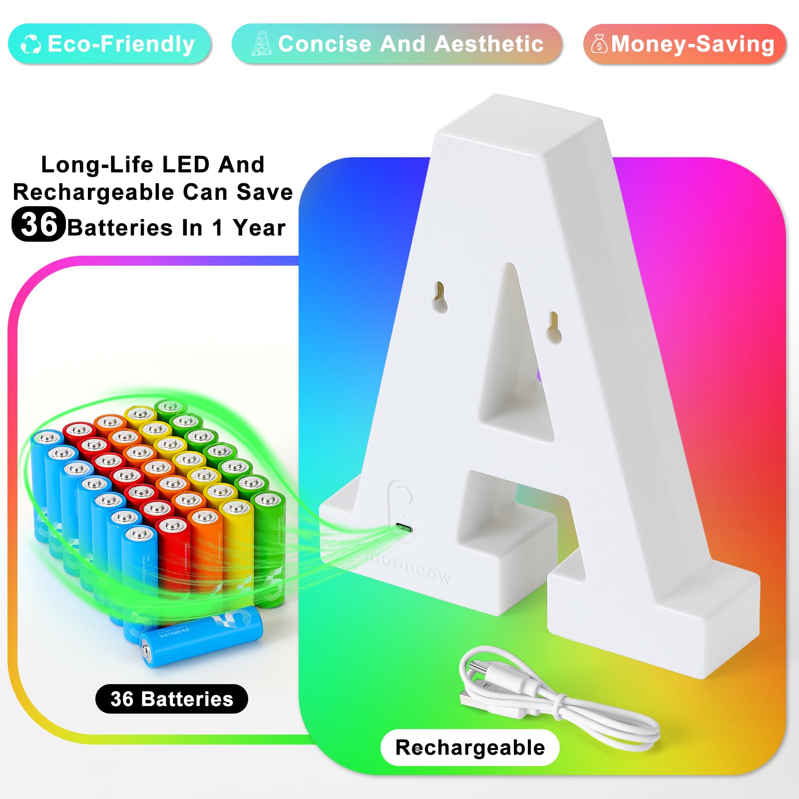 Mooncow Rechargeable Light Up Letters Colorful Marquee Letters With Remote Gift Wrap Gifts Bedroom Home Bar Party Decor (I)