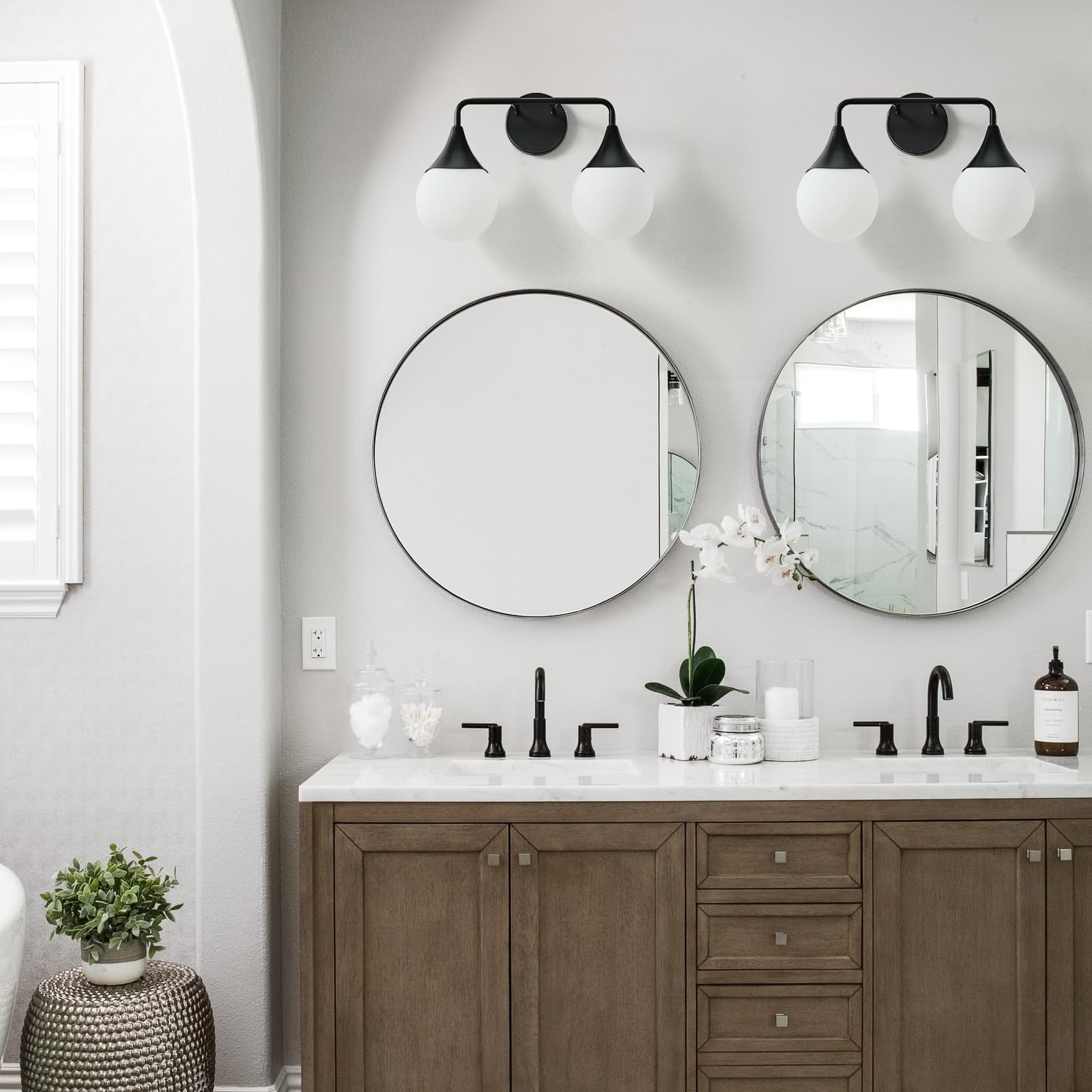 HAHZT Bathroom Vanity Light Fixture - 2 Lights Mid Century Black Metal Sconces with Frosted Globe Glass - Model 8089ML