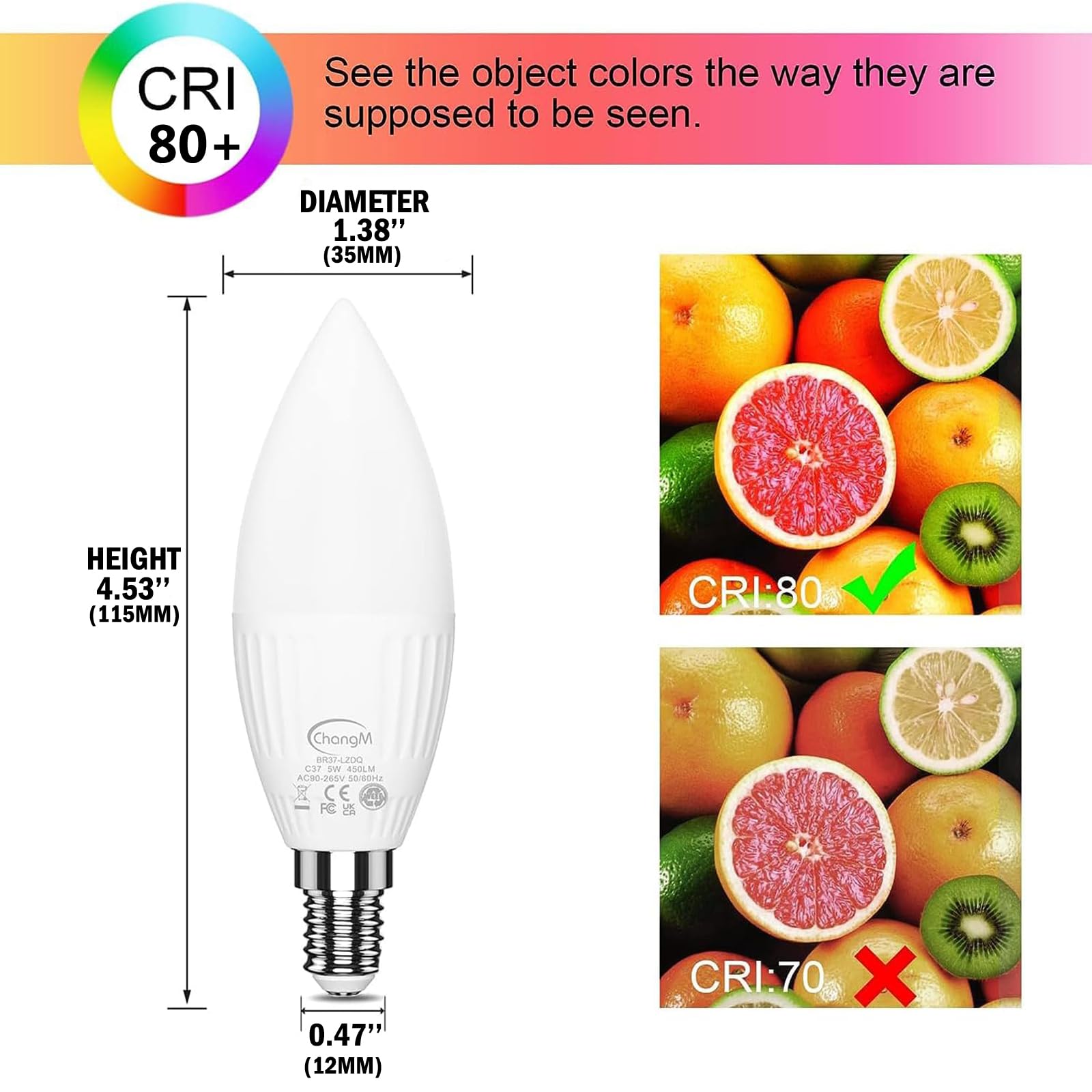 ChangM E12 LED Candelabra Bulbs, 40W Equivalent, Color Changing RGB + 5000K, 10 Pack, Remote Control, Small Screw Base