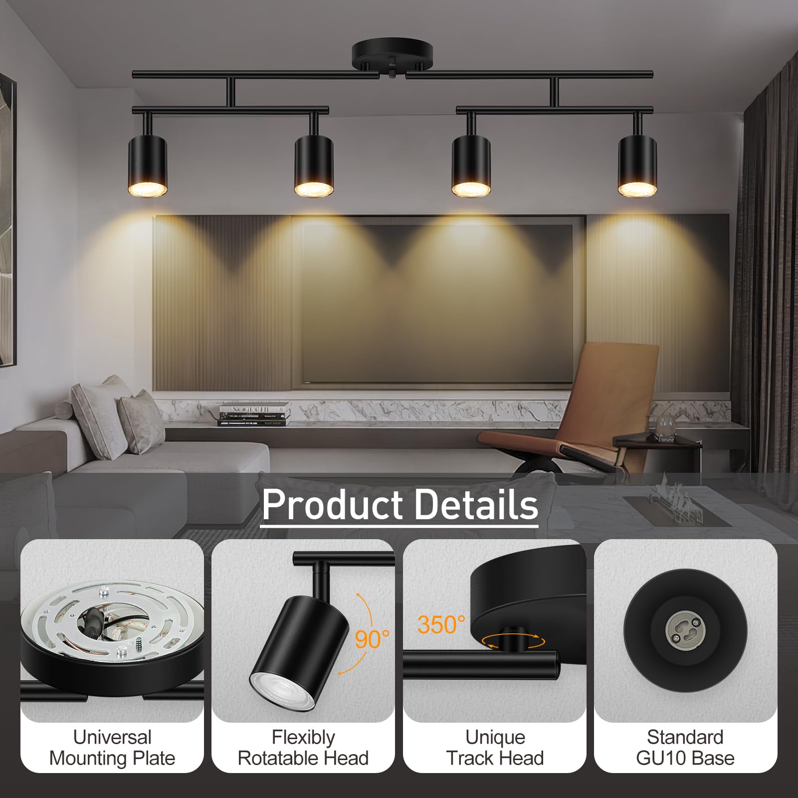 Track Lighting Kit, Led Track Lighting Fixtures Ceiling, 30'' Black Ceiling Spotlights, 4 Light Kitchen Ceiling Lights, Spot Lig