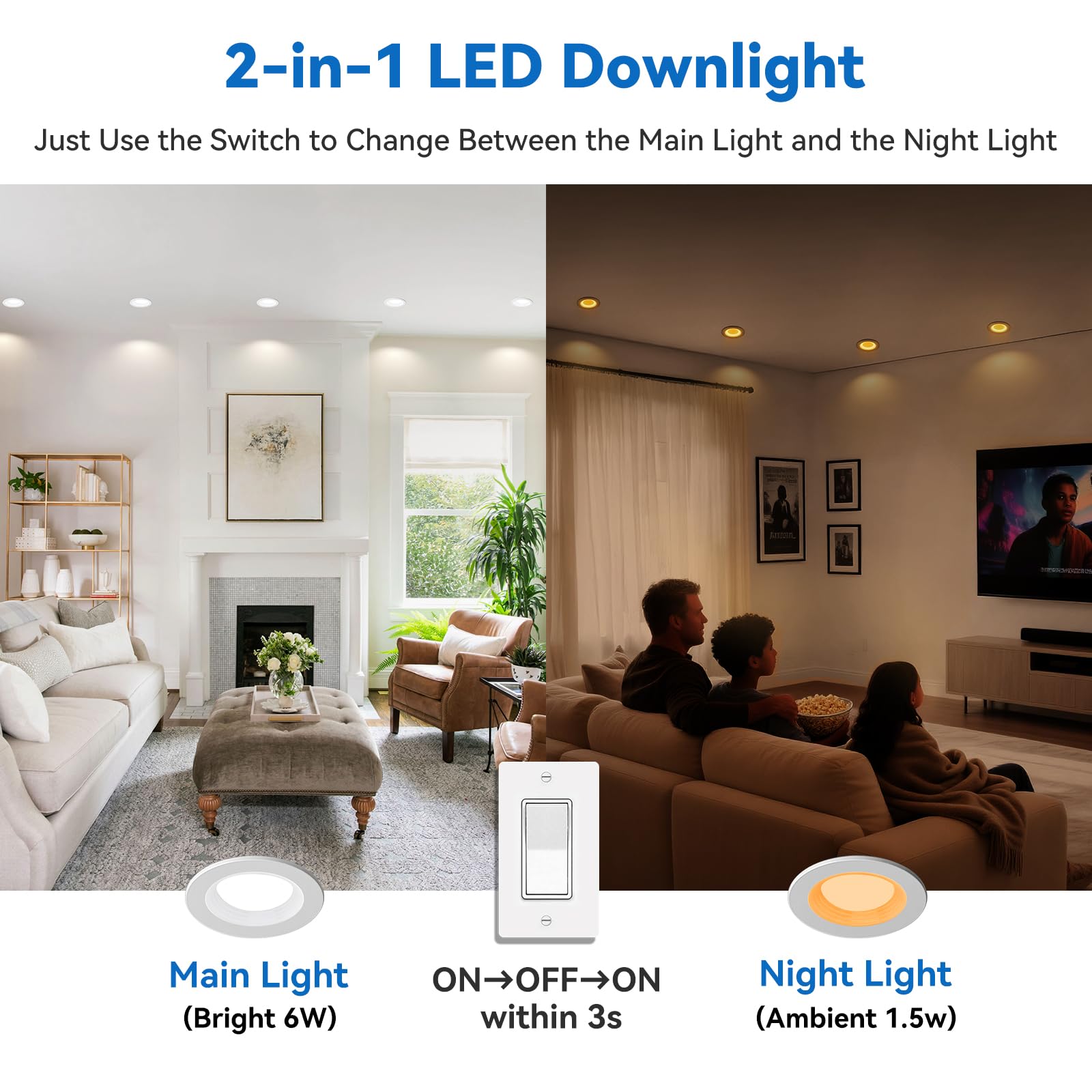 Cycevsun 3 Inch Recessed Led Lights  Switchable Night Light & Main Light  5 Color Temperatures 2700K-5000K  Dimmable Canless Downlight For Cozy Home Lighting  6W/2W  Etl  6 Pack