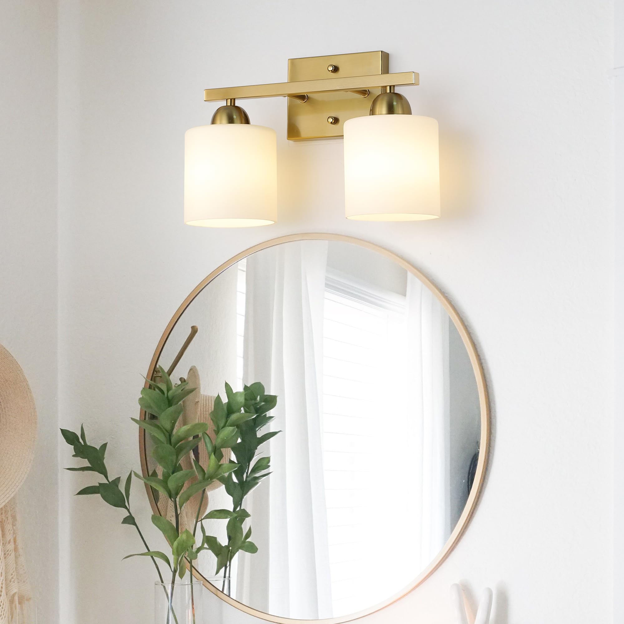 Mecgirn Stainless Steel 2 Light Bathroom Vanity Light in Brushed Gold with Frosted Glass - Modern Wall Mount Fixture, Model B0003-2-Gold