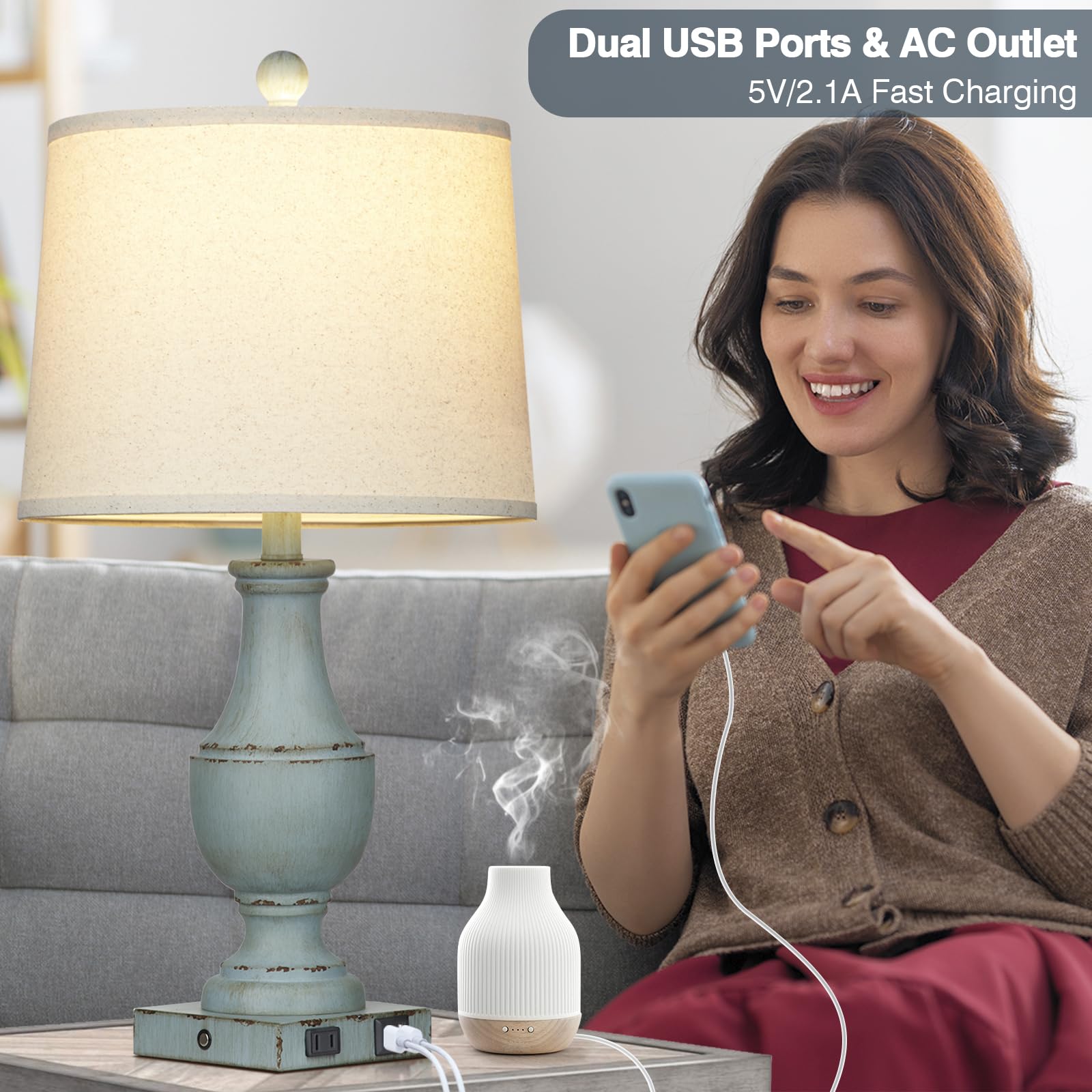 Farmhouse Table Lamps Set Of 2, Rustic Touch Control Bedside Lamps With 2 Usb Ports & Ac Outlet, Vintage 3-Way Dimmable Nightsta