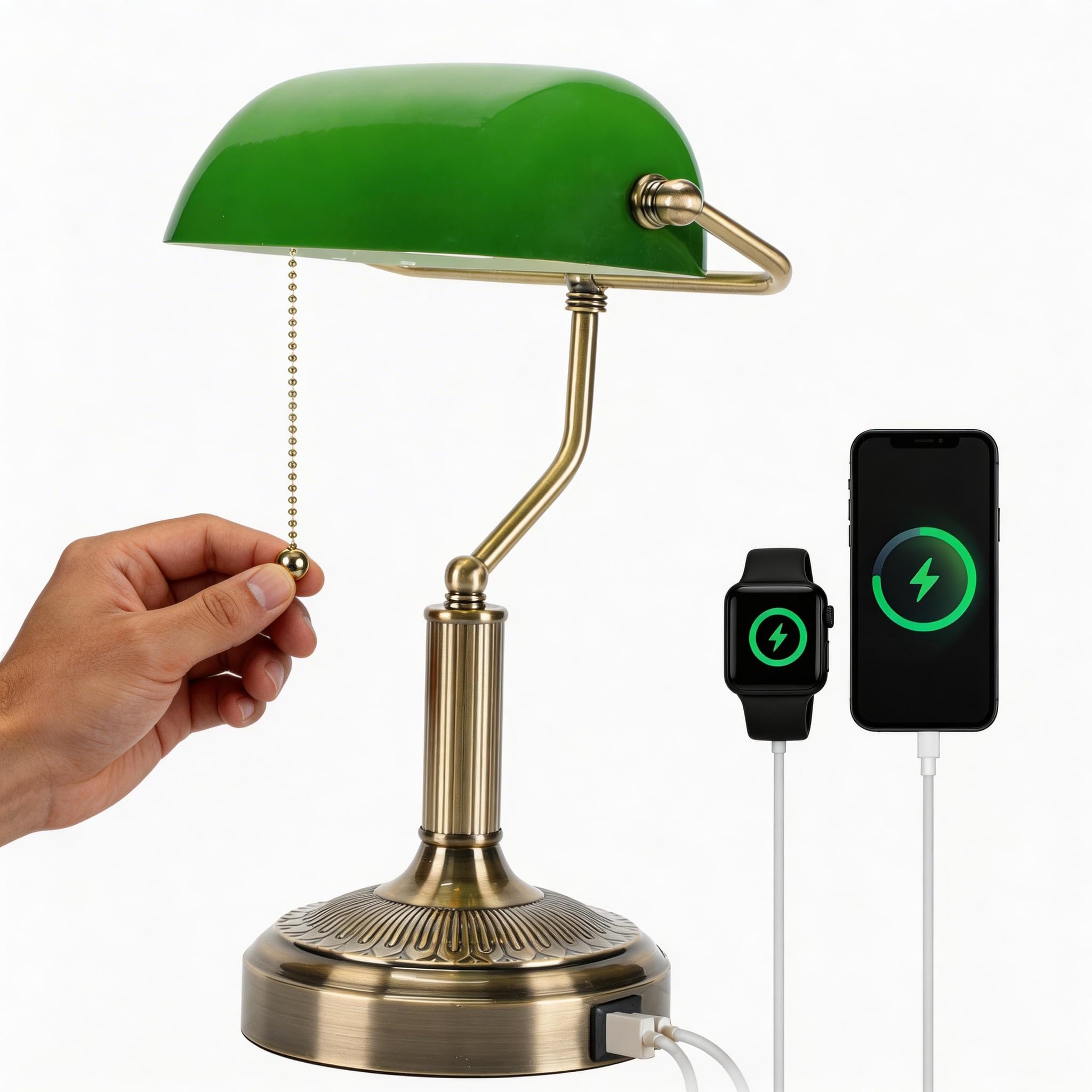 BNYFDC Vintage Bankers Lamp, Green Glass with Antique Brass Finish, USB & Type-C Charging Ports, Pull Chain Desk Lamp for Home O