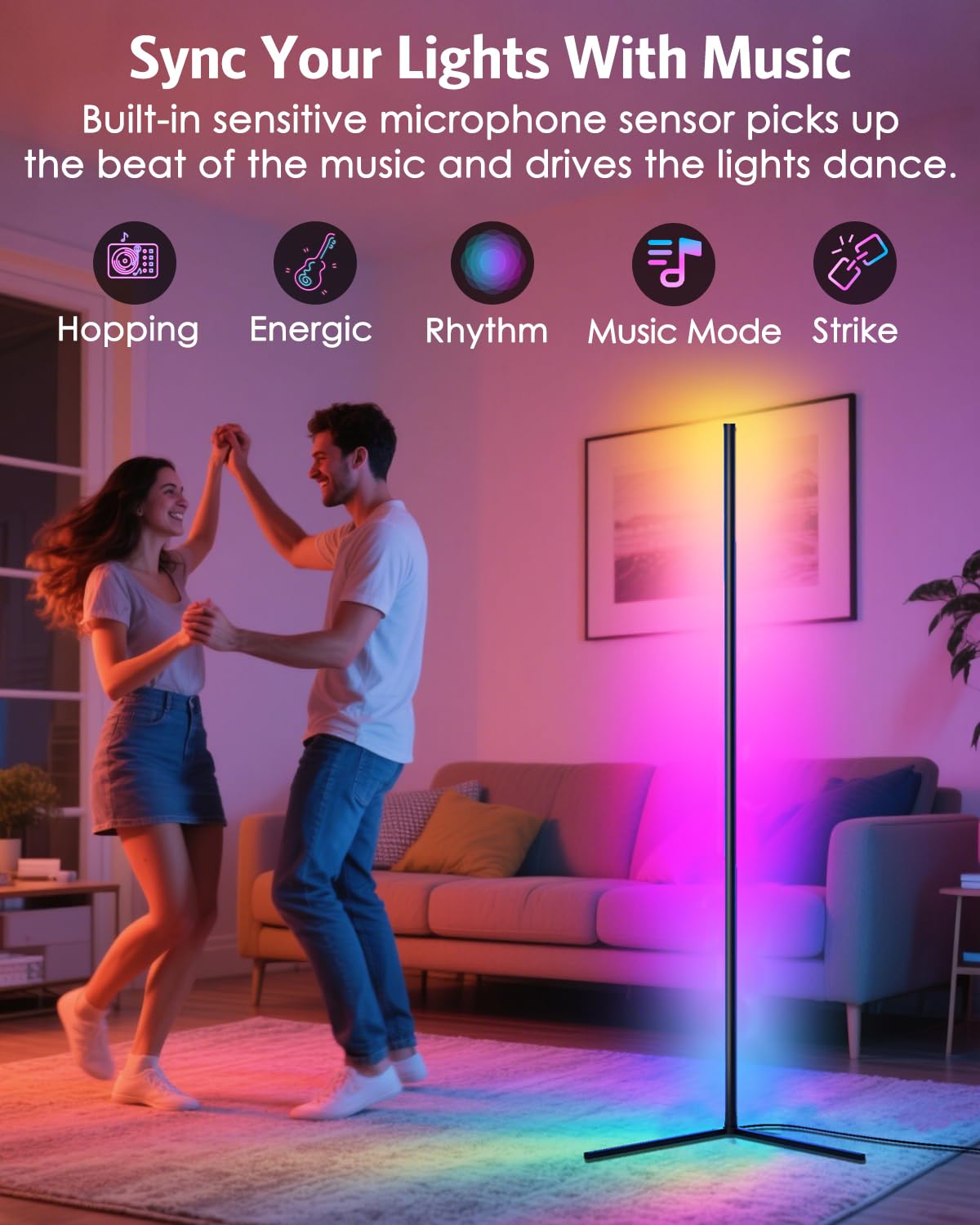 Temracha Upgraded Floor Lamp, 64.5in  RGB LED, App & Remote Control, 16 Million Colors, Black, Model PL101-TM-US