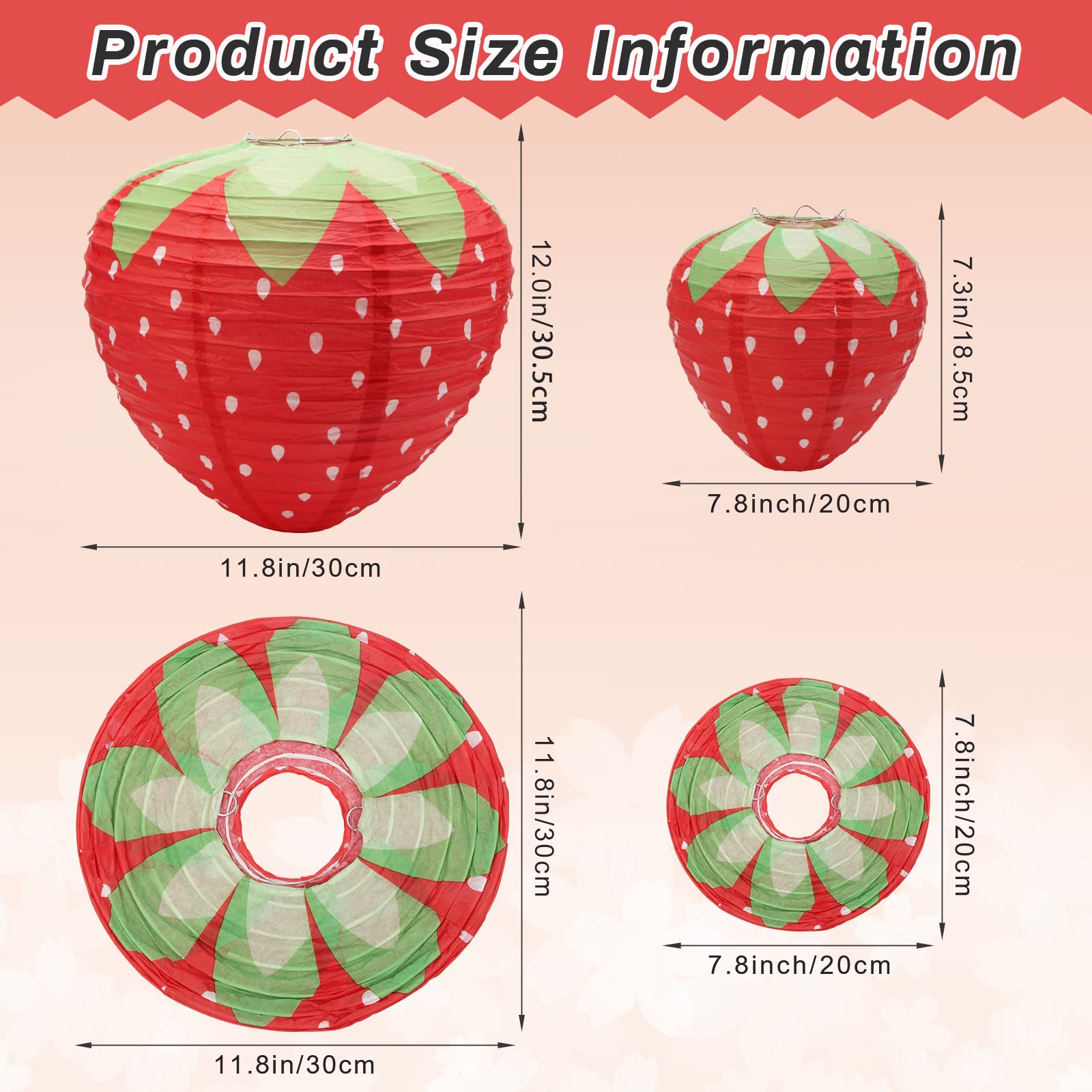 Windspeed Strawberry Paper Lanterns, 8Pcs Hanging Ornament, 3D Strawberry Decoration For Birthday Party Decorations, 8 Inch, 12
