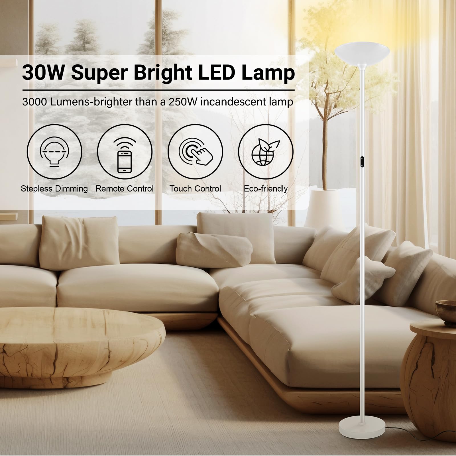 BoostArea Dimmable Floor Lamp, 30W LED Torchiere, 71" Tall, Remote & Touch Control, 2700K-6500K, White, Model B0512