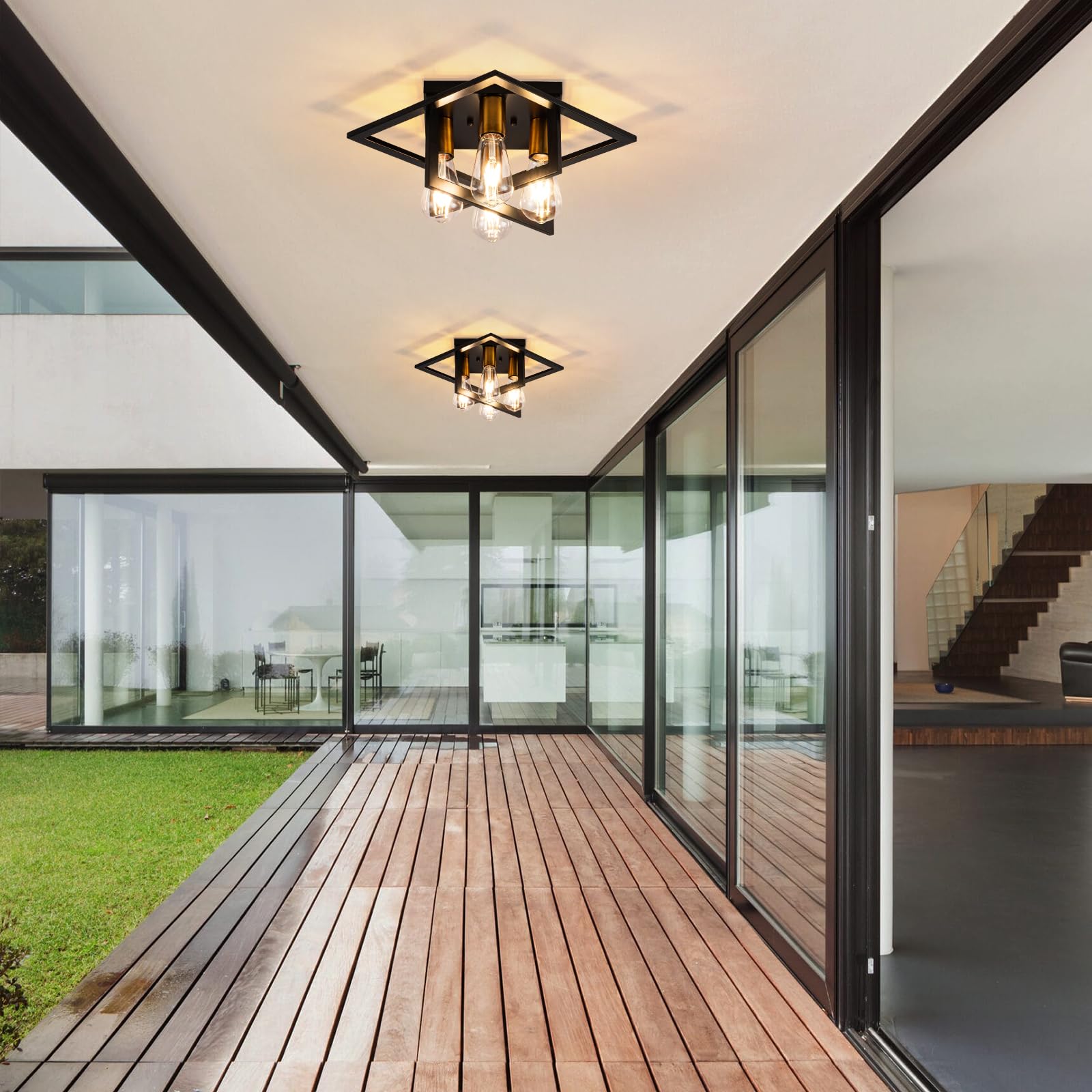 Fengkedu 2Pcs 4 Light Farmhouse Ceiling Light Fixture Black Gold Industrial Flush Mount Ceiling Lamp Hallway Light Fixture Close