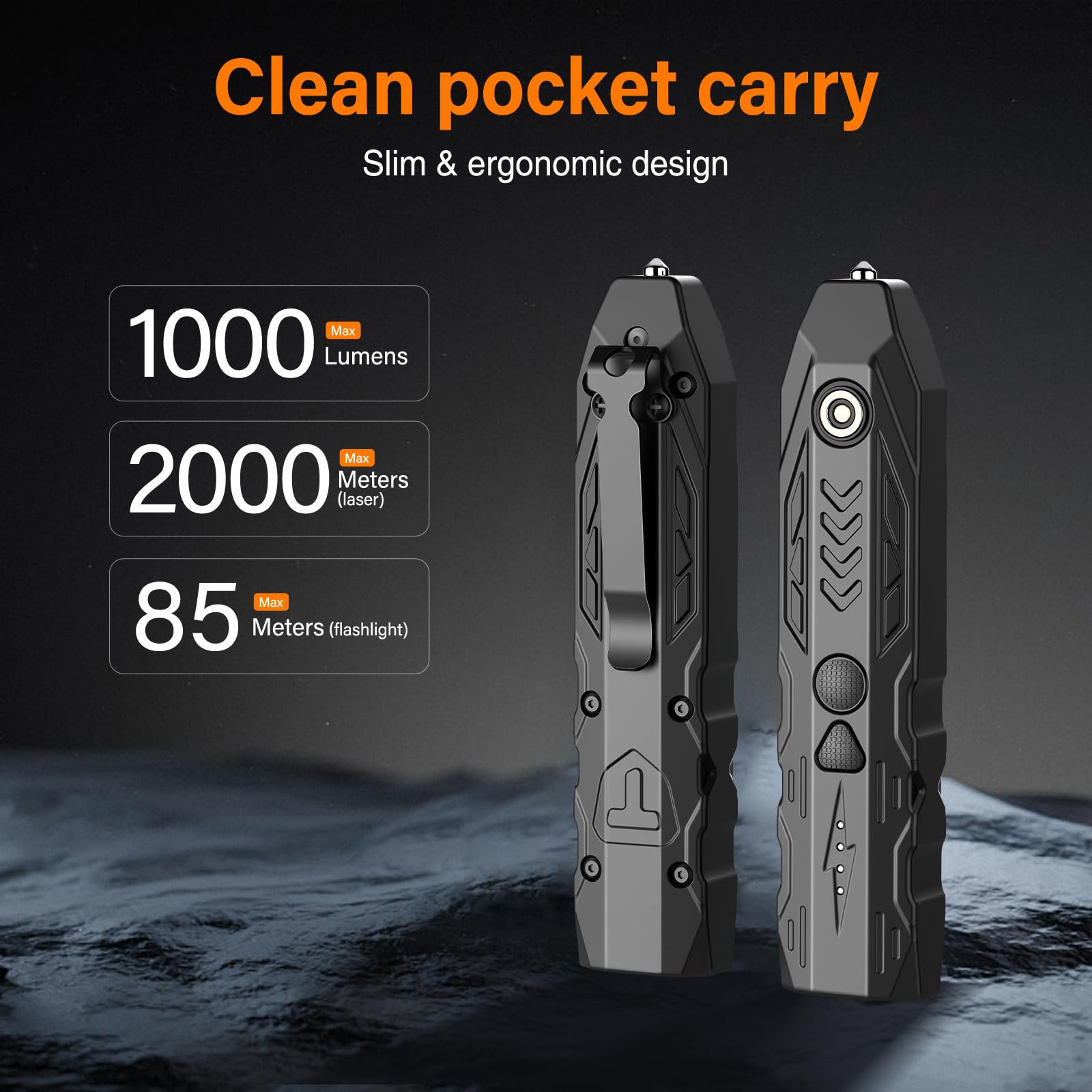 TOUGHSOUL EDC Flashlight and Green Laser Combo, 1000 Lumen Slim White LED Portable Flashlight with Built-in Rechargeable Battery