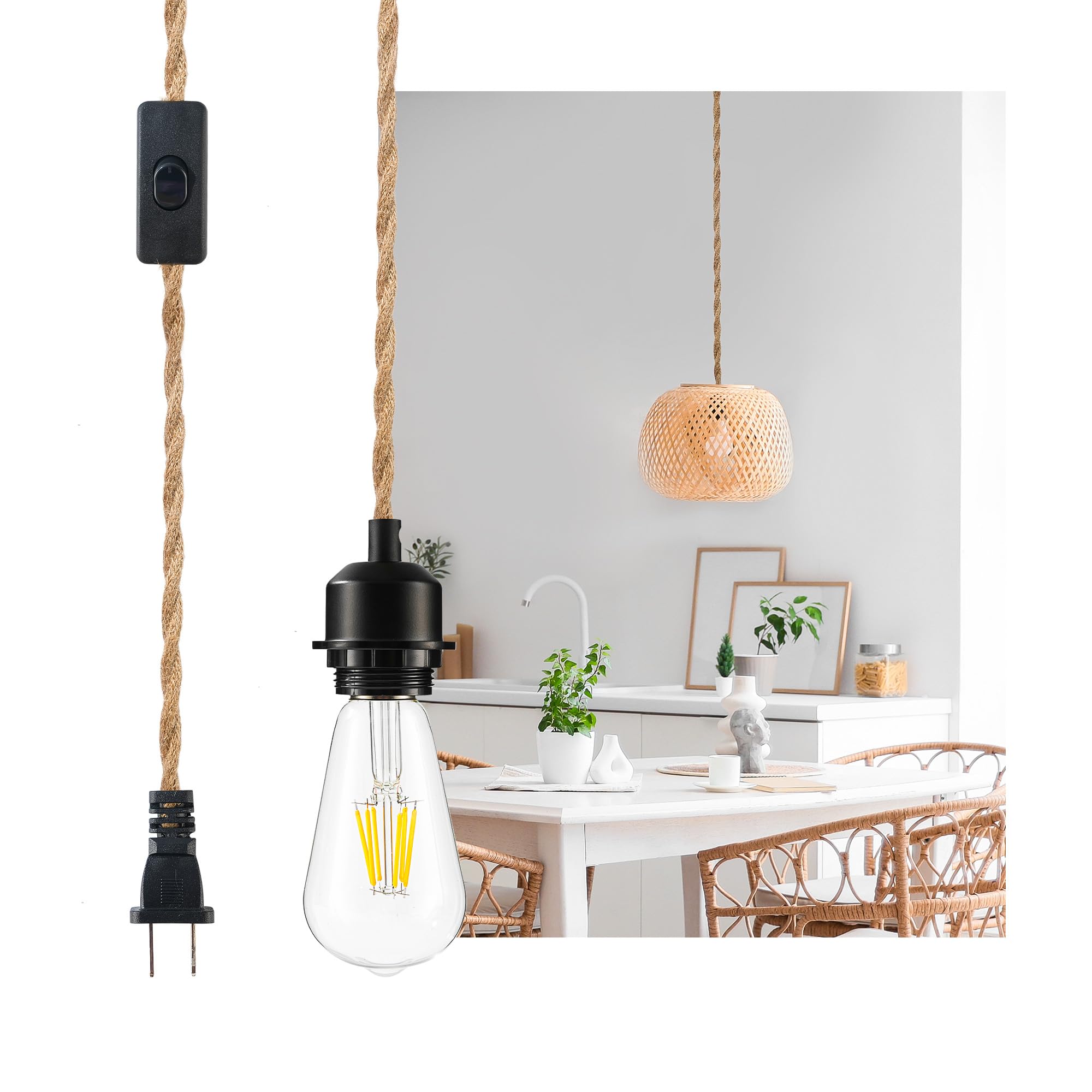 JACKYLED Plug in Pendant Light Kit, 15FT Hemp Rope, E26 Bulb Compatible, On/Off Switch, Black, Model JKPL01-5060001A