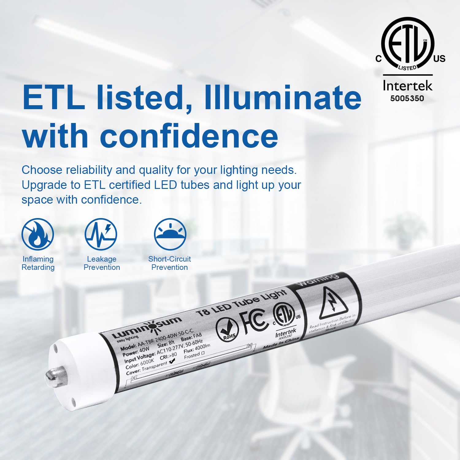 Luminosum 8Ft T8 Led Tube Light 40W, Cool White 6000K, Etl Certified,