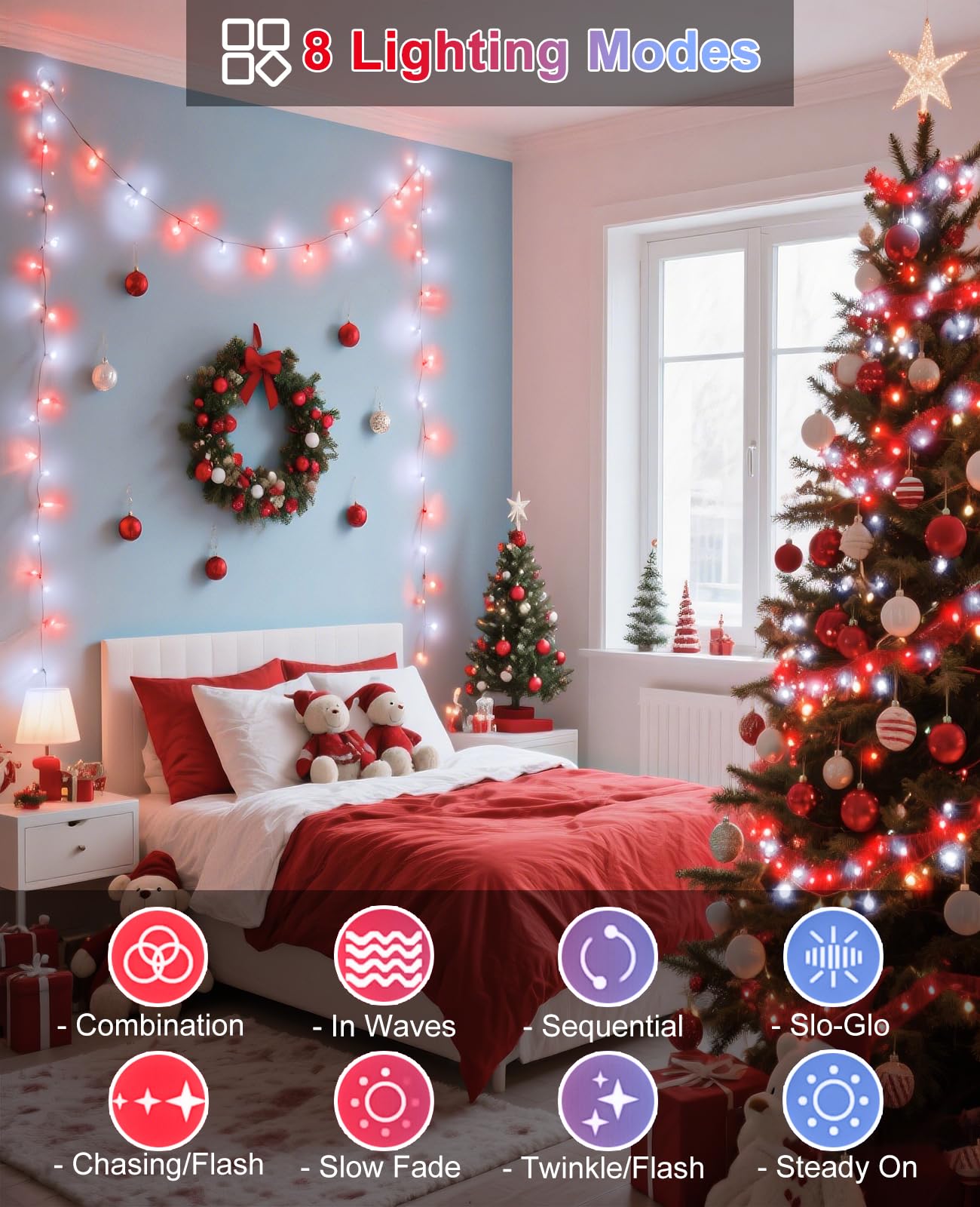 Red White Christmas Lights Outdoor  80Ft 240 Led Christmas Tree Lights Waterproof Plug In  8 Modes Connectable Christmas Decorations Green Wire For Indoor Bedroom Xmas Patio Party