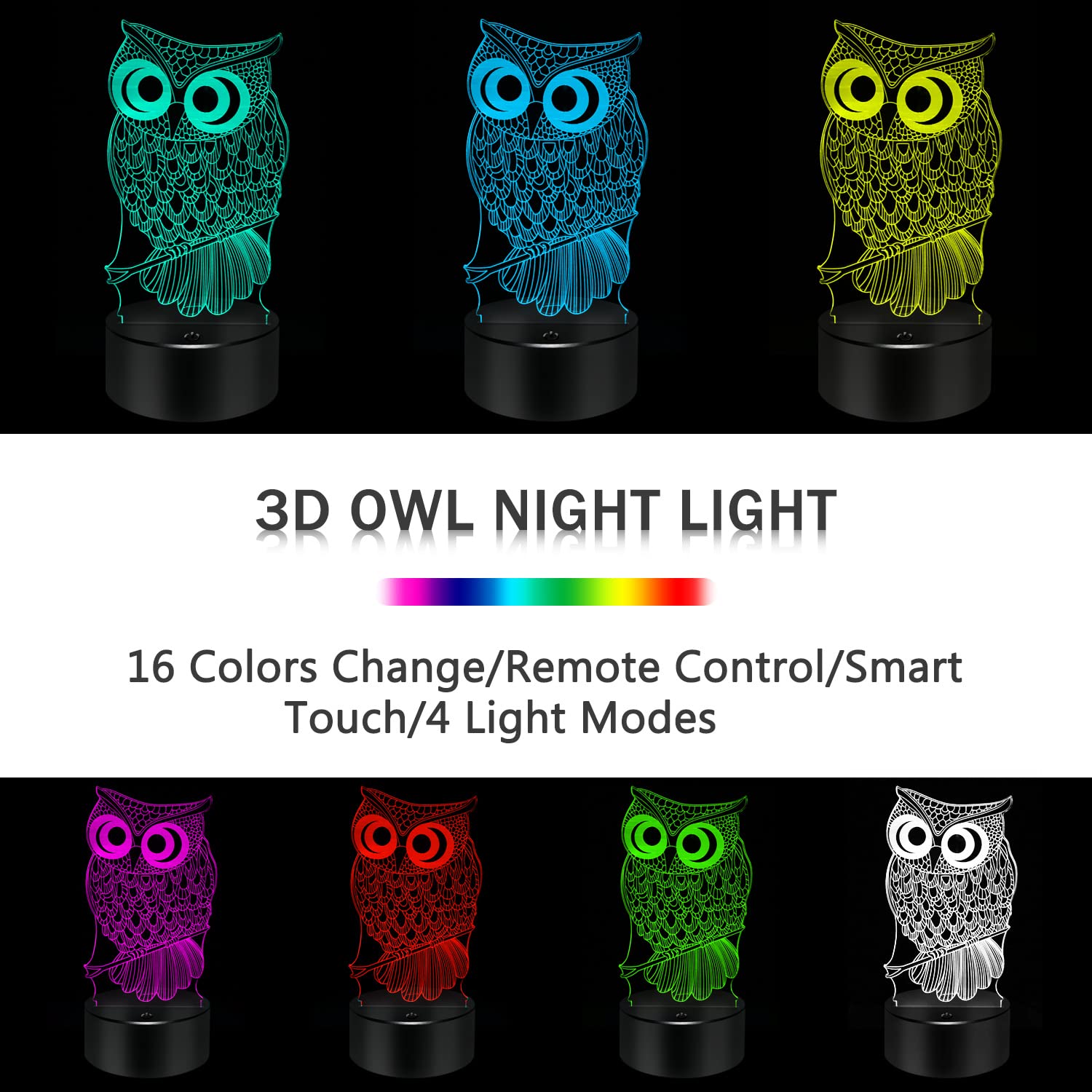 Bassi 3D Owl Lamp - Touch & Remote Control, 16 Color Night Light For Kids & Gifts