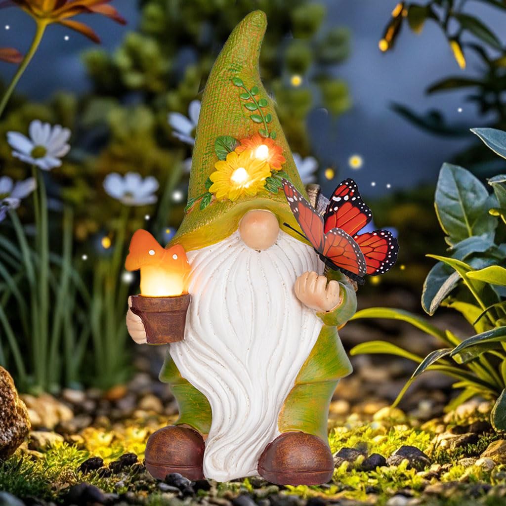Foreby Garden Gnomes Outdoor Garden Decor-Resin Gnome With Solar Outdoor Lights Decorative Mushroom And Vivid Butterfly Spring Gnomes Decorations For Yard Decor,Gardening Gifts For Women