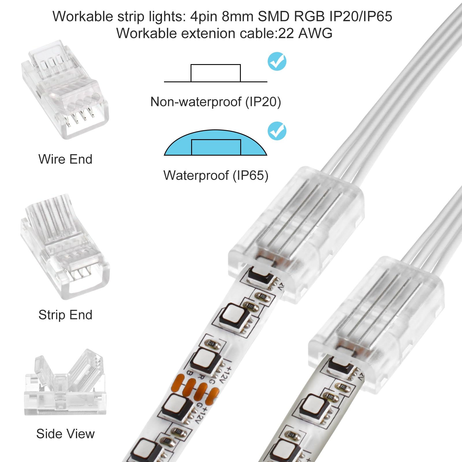 Rgbzone 10Pcs 8Mm 4 Pin Led Strip Connectors And 32.8Ft 4 Pin Rgb Extension Cable Strip To Wire Quick Connection For Waterproof