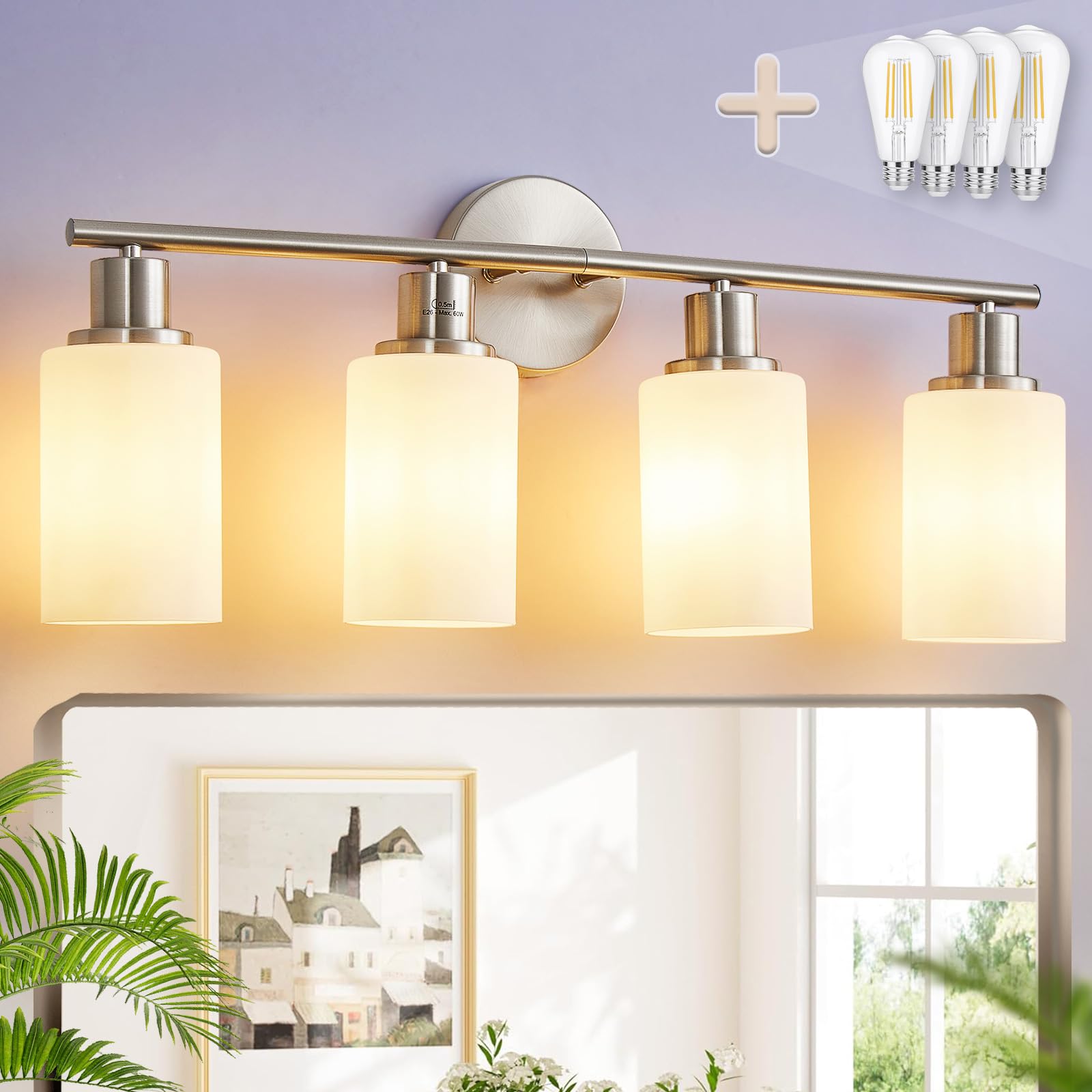 DINGLILIGHTING 4-Light Bathroom Vanity Light Fixtures, Milky White Glass Shade, Brushed Nickel, Metal, Modern Design