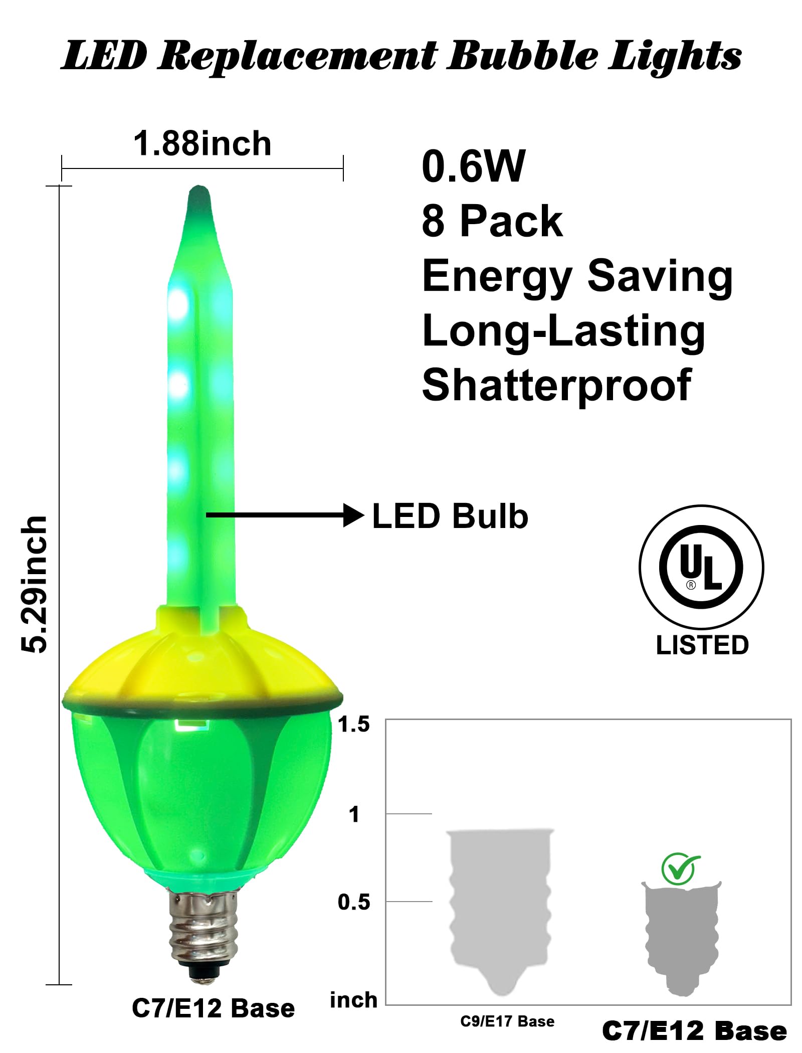 8 Pack Christmas Bubble Lights Replacement Bulbs  Led Multicolor Bubble Lights With Red Green White Yellow Led Bubble Light Replacement Bulbs For Xmas Tree Decor  0.6 Watts  C7/E12 Candelabra Base