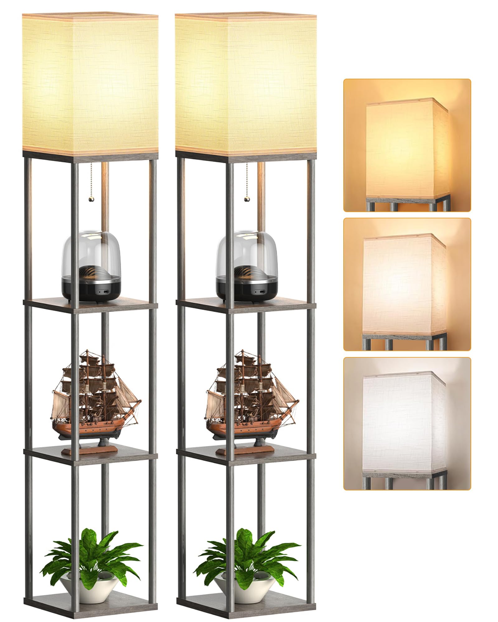 Floor Lamp with Shelves for Living Room 2 Pack Oak Gray, Shelf Floor Lamp with 3 CCT LED Bulb, Corner Display Standing Column La
