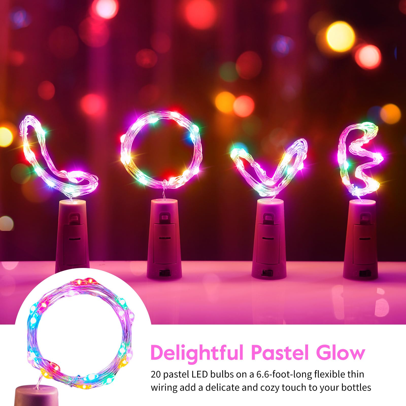 Brightown Pastel Wine Bottle Lights - 10 Pack, 7ft, 20 LED, Battery Operated, Ideal for DIY Crafts and Party Decor