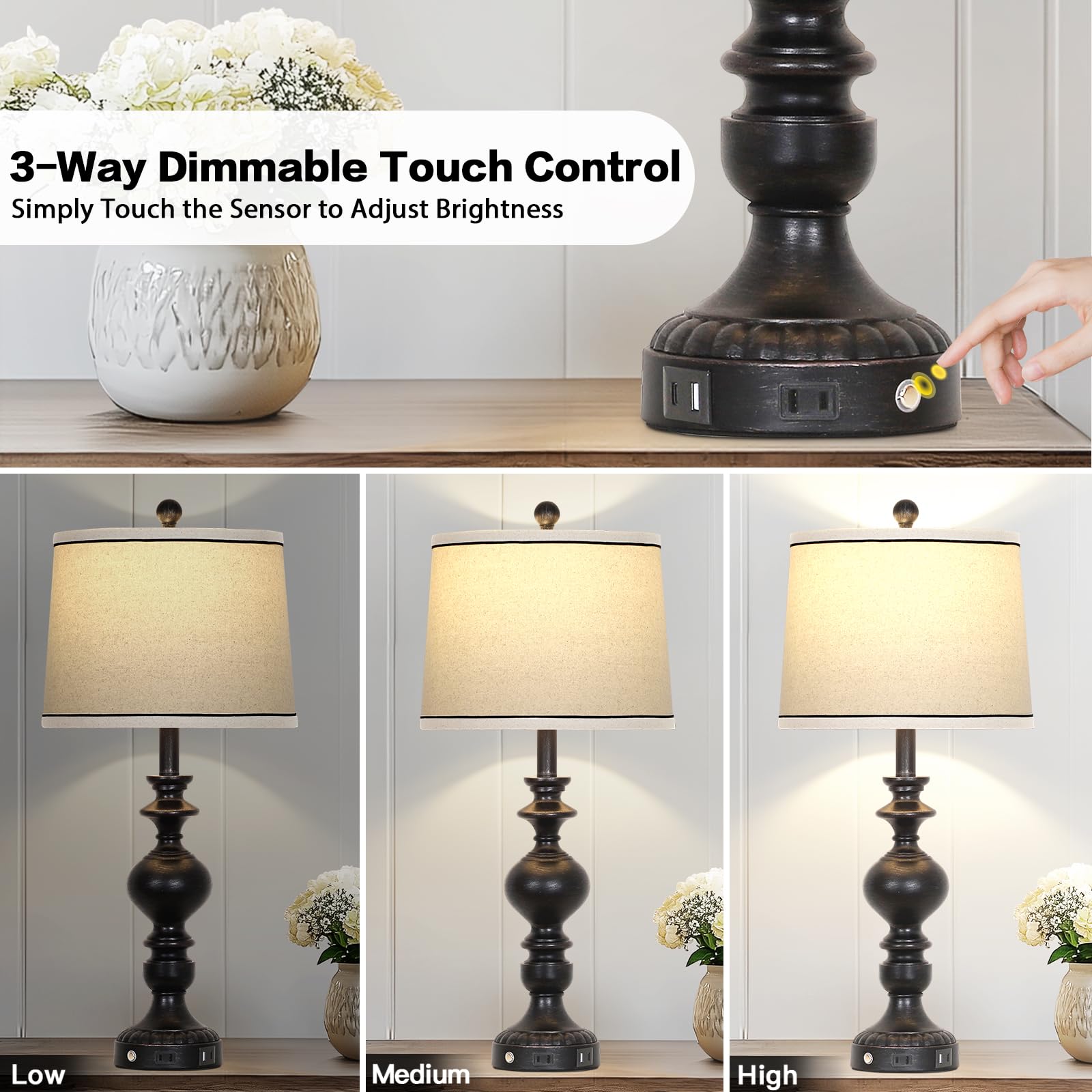 28'' Black Farmhouse Table Lamps Set Of 2, Rustic Lamp For Living Room With Usb C+A Ports & Ac Outlet, 3 Way Touch Control Resin