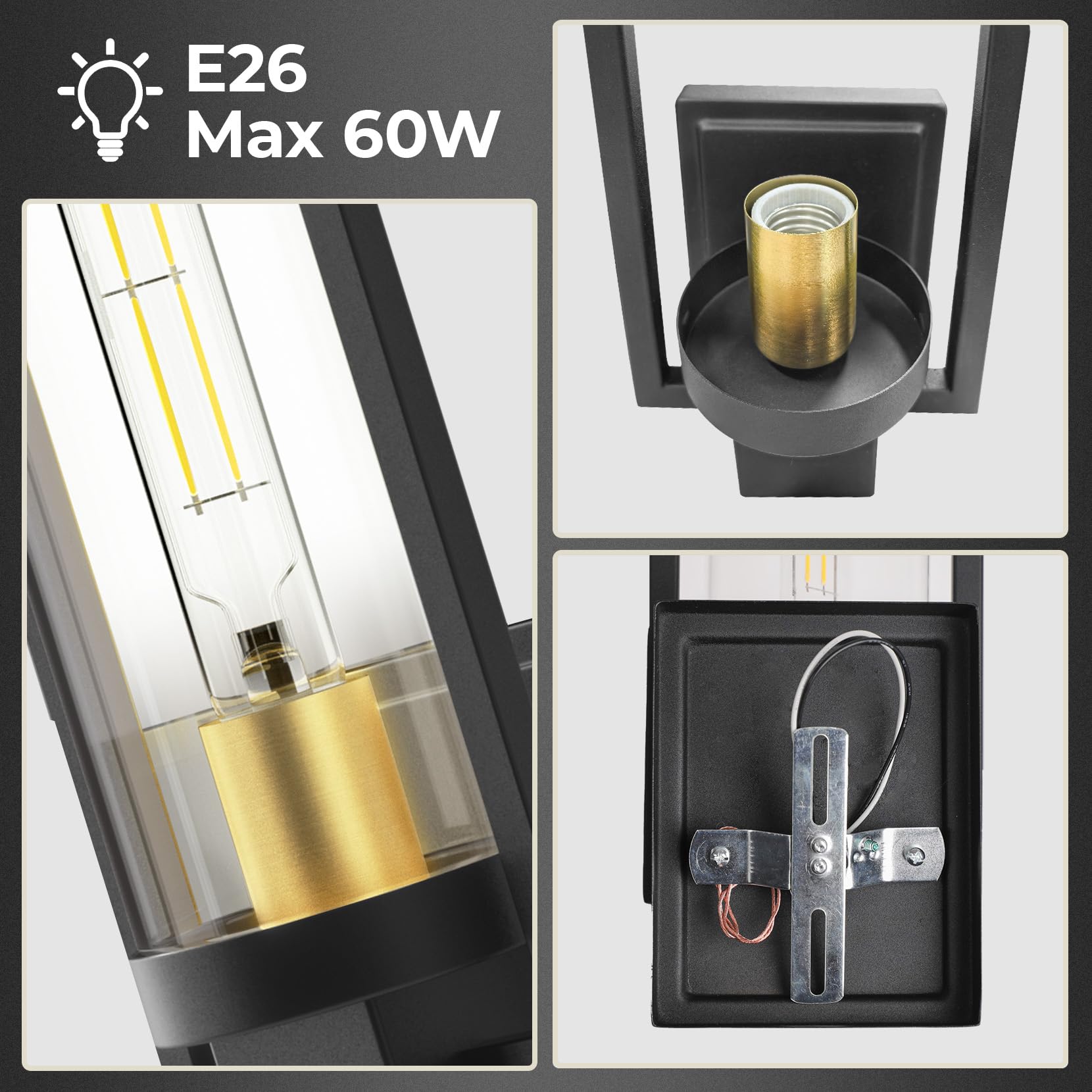CINOTON Wall Sconces Set of 2, 15" Matte Black & Gold Vintage Light Fixtures, Hardwired AC 120V, Clear Glass for Living Room/Bedroom
