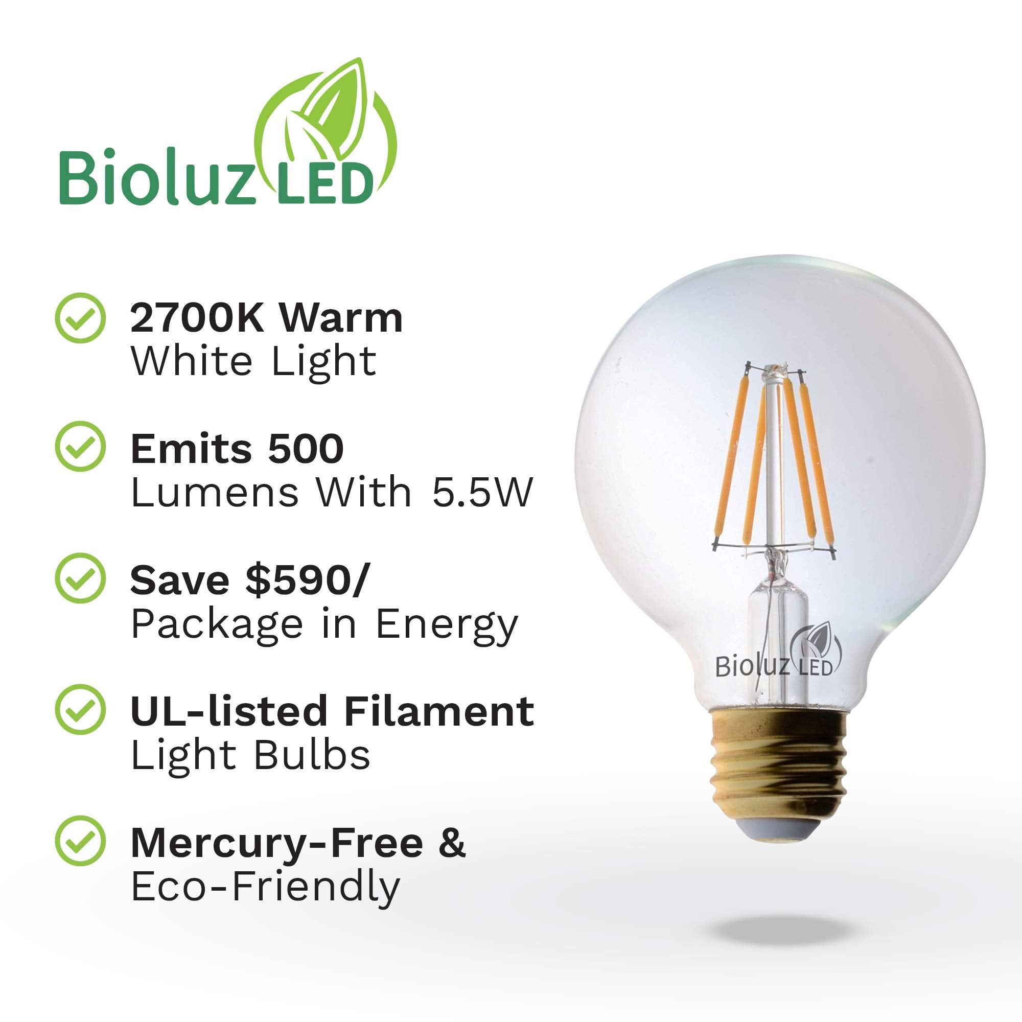 Bioluz Led 92 Cri G25 Globe Light Bulbs Clear Glass Filament 60W Replacement (Uses Only 5.5W) Vanity Light Bulbs For Bathroom Wa