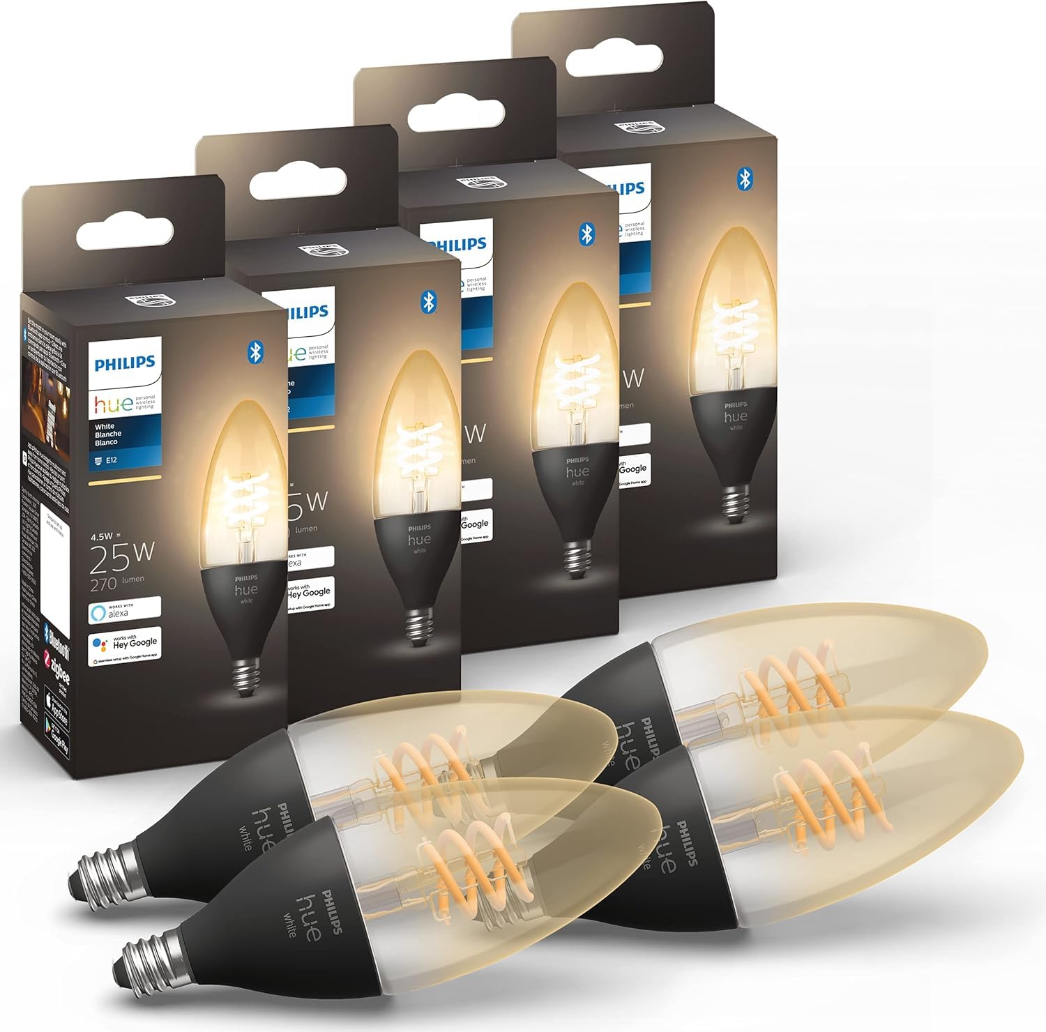 Philips Hue Smart 25W Candle-Shaped Filament LED Bulb - Soft Warm White Light - 4 Pack - 270LM - E12 - Indoor - Control with Hue