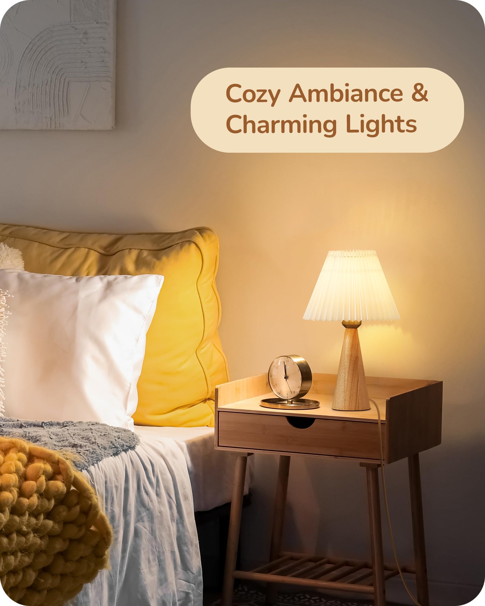 EDISHINE Small Table Lamp, Wooden Base, White Pleated Shade, Space-Saving Design, Burlywood Color, E26, ON-Off Button