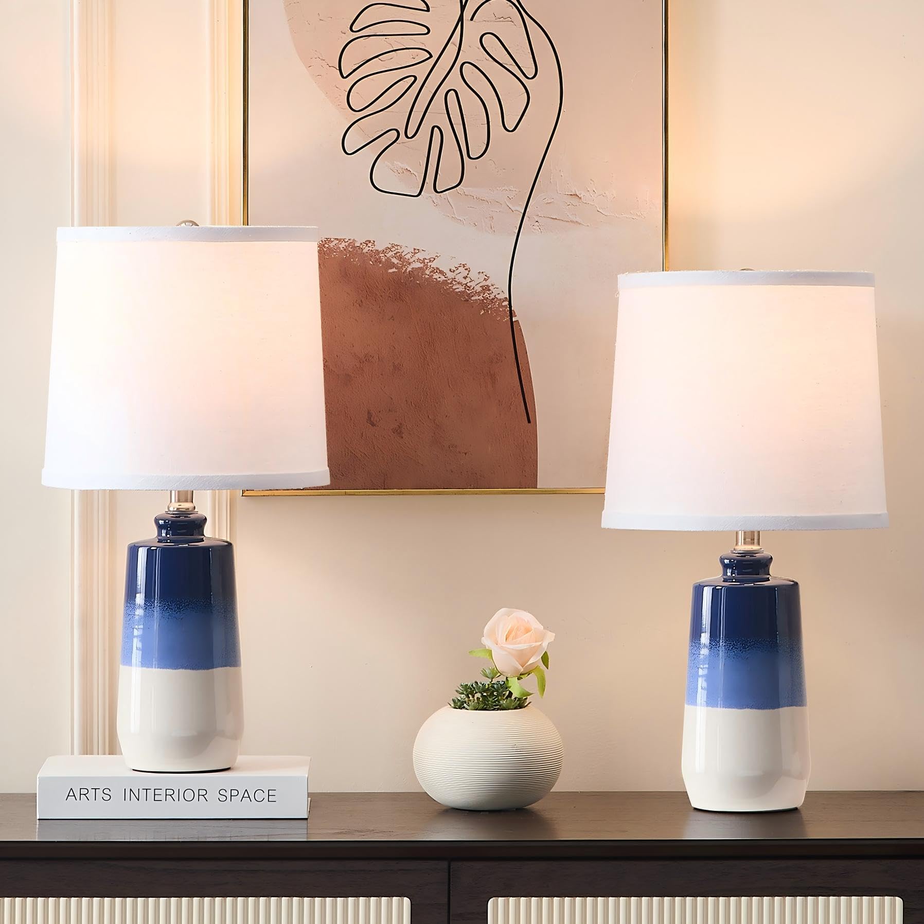 EUO Ceramic Blue Table Lamps Set of 2, 20.5" Coastal Design with White Barrel Shades, Navy Blue, Model TL2PK-009-BU