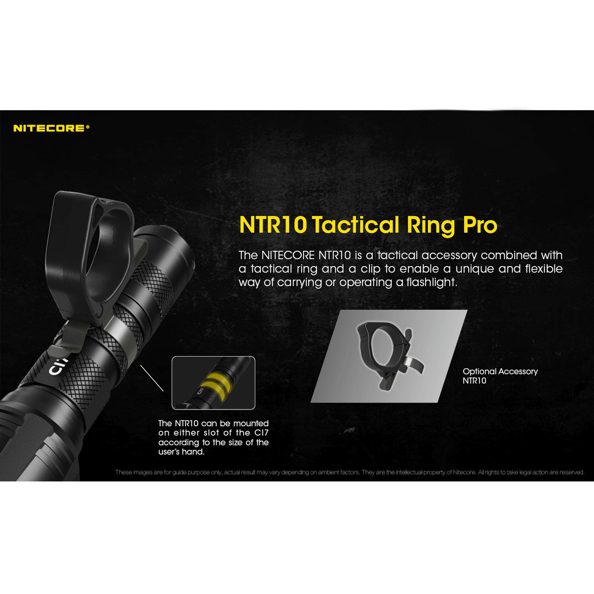 Nitecore NTR10 Tactical Clip-on Ring, Aluminum, Black, for CI7, New P12, P22R, i4000R, 1 Stück (1er Pack)