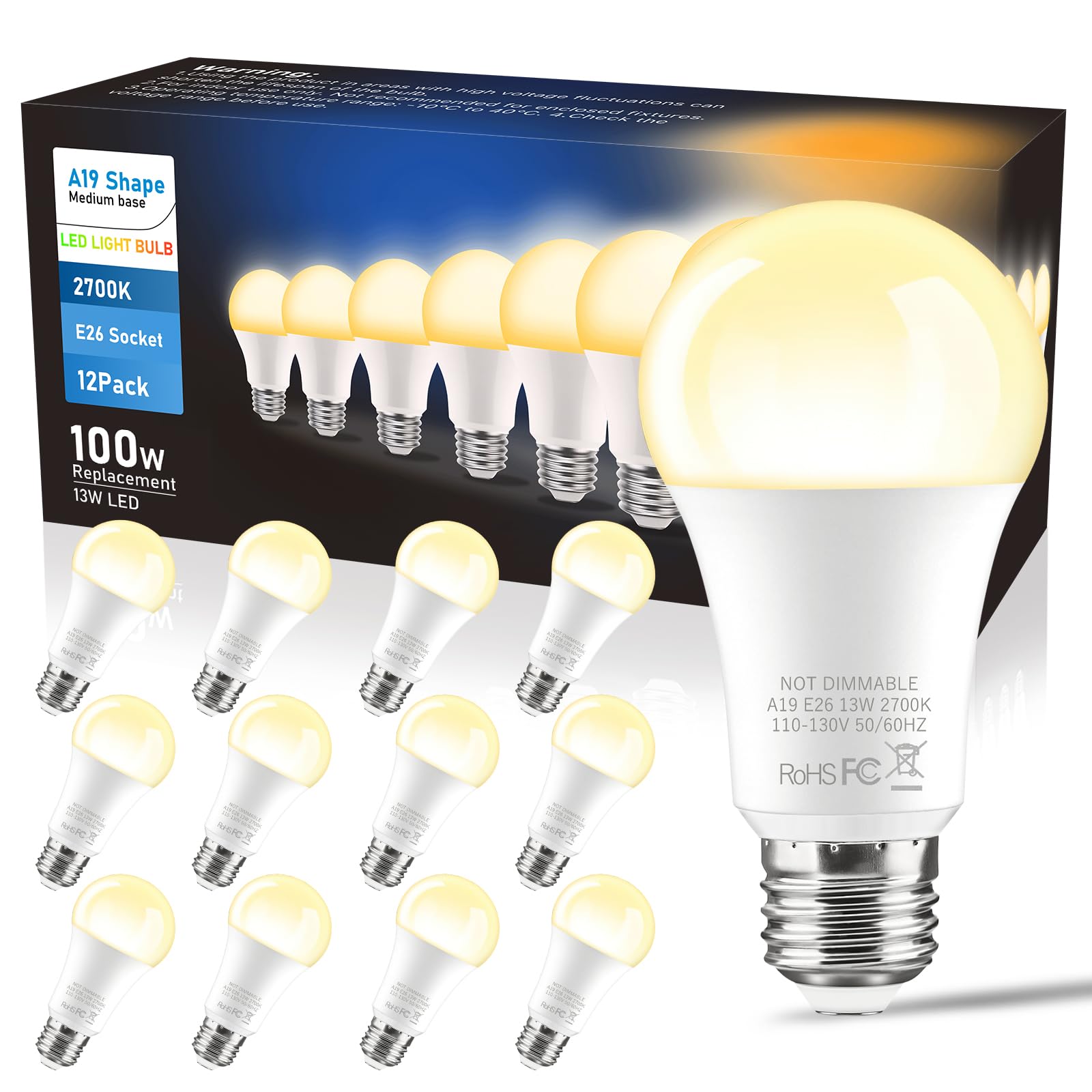 Btbhiho 12-Pack A19 Led Light Bulbs 100W Equivalent 1250 Lumens, 13W 2700K Cool White Non-Dimmable, No Flicker, Super Bright Cri