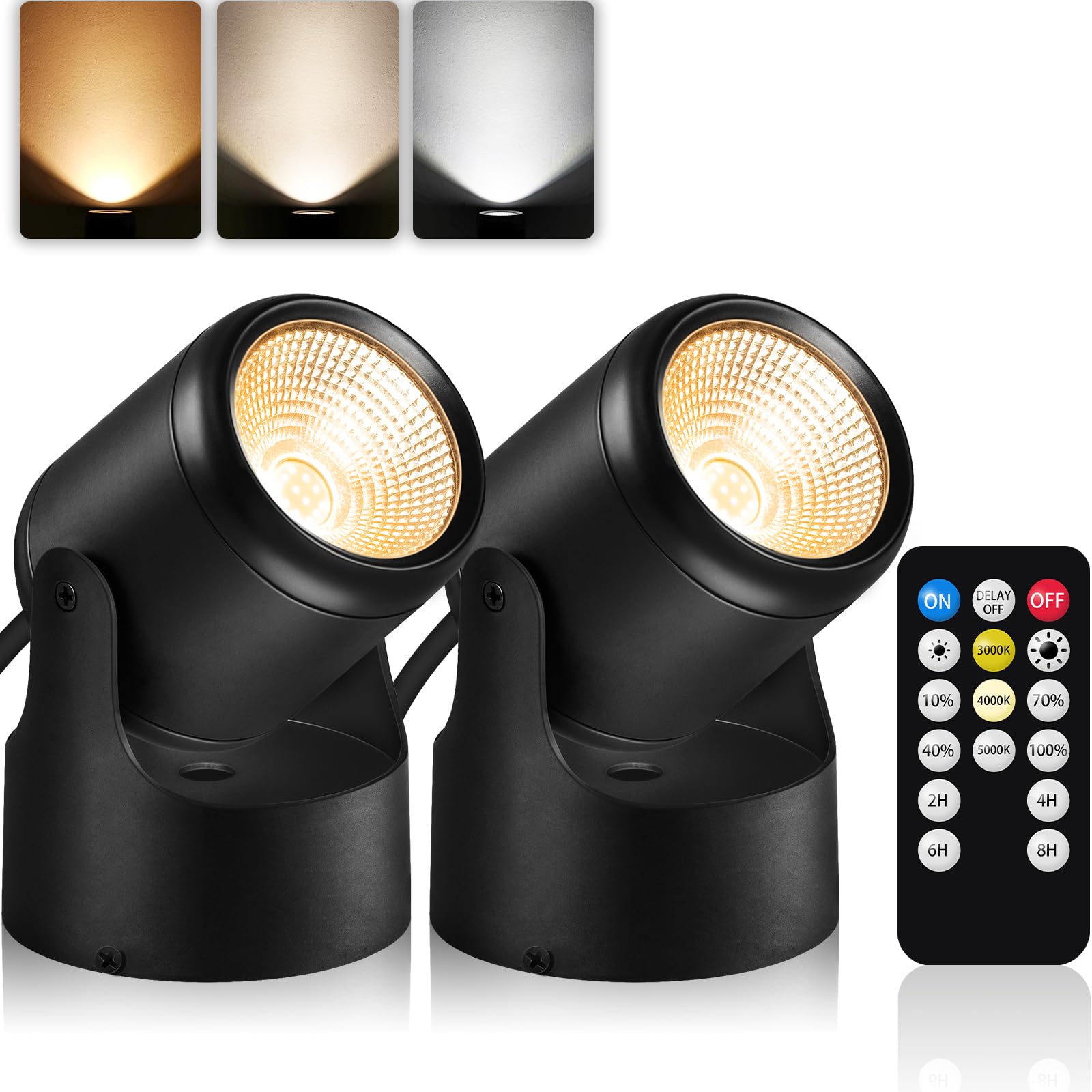 Urtom 3000K/4000K/5000K Uplighting Indoor 3W Led Spotlight Indoor Plug-In With Memory Function Floor Spot Lights Indoor With Remote Control Dimmable Uplights Indoor For Plant/Picture/Artwork, 2 Pack