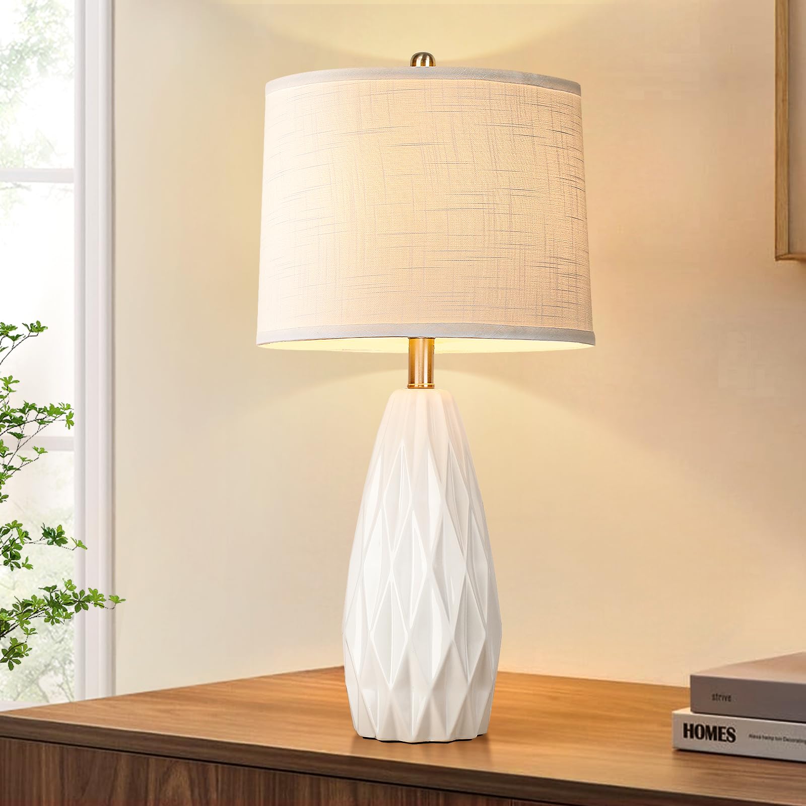 KunruiTAI 25'' Geometric Lamp White Cream Table Lamps Modern Ceramic Lamp for Night Stand - 3-Way Dimmable Bedside Lamps for Nig