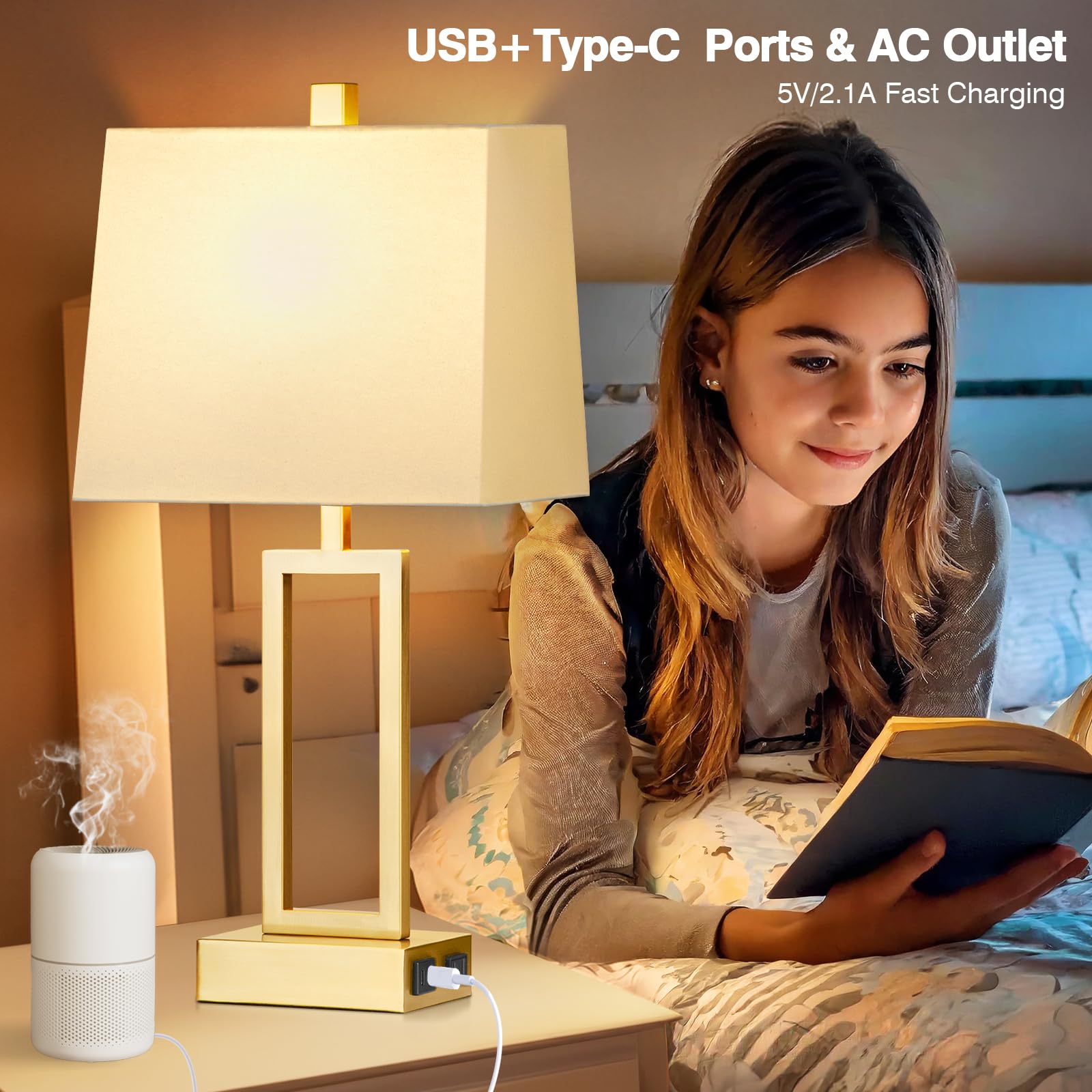 Rinweey Touch Control Table Lamps Set of 2, Modern Gold Metal Nightstand Lamps with USB Ports, 3-Way Dimmable, Large