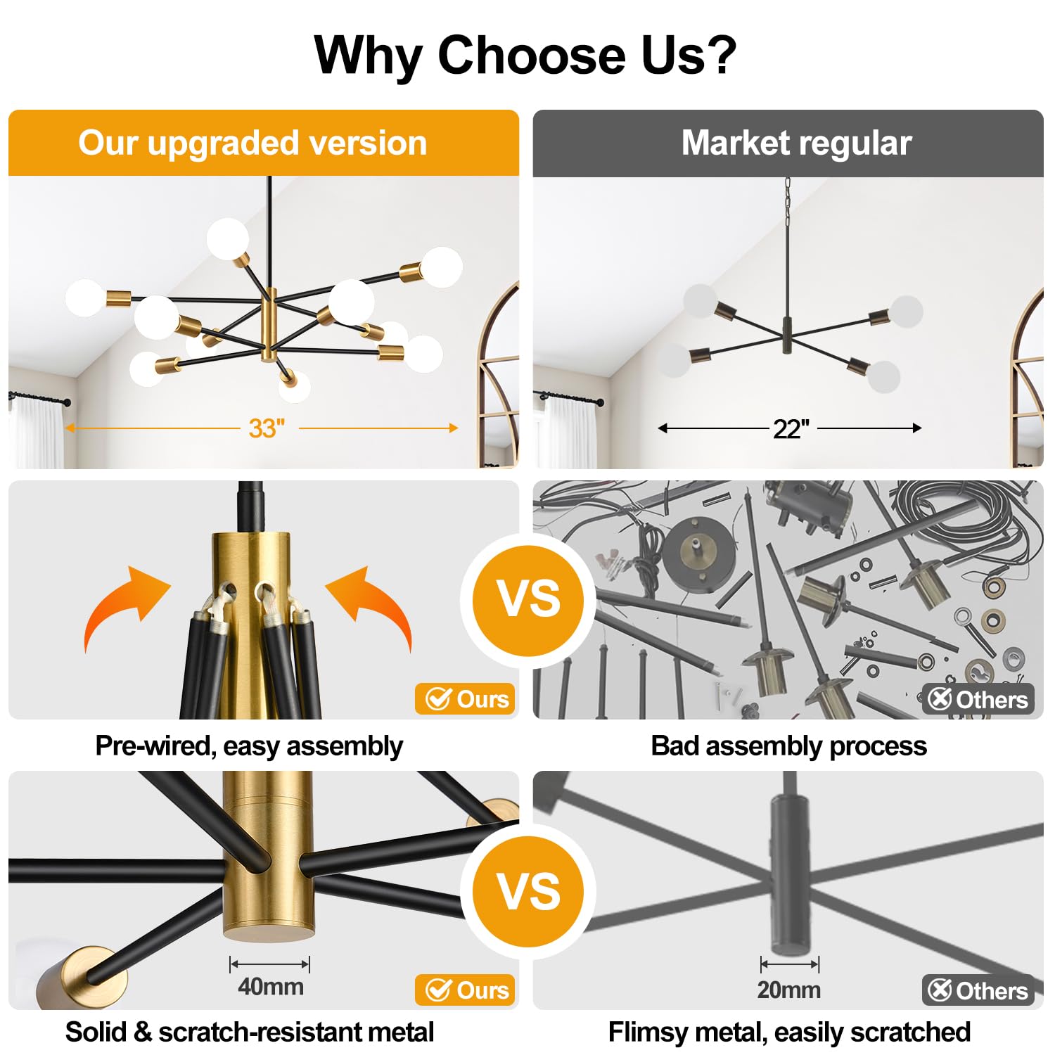 33'' Modern Chandelier Ceiling Light Fixture, 10-Light Sputnik Chandeliers Gold And Black Dining Room Light Fixture, Height Adju