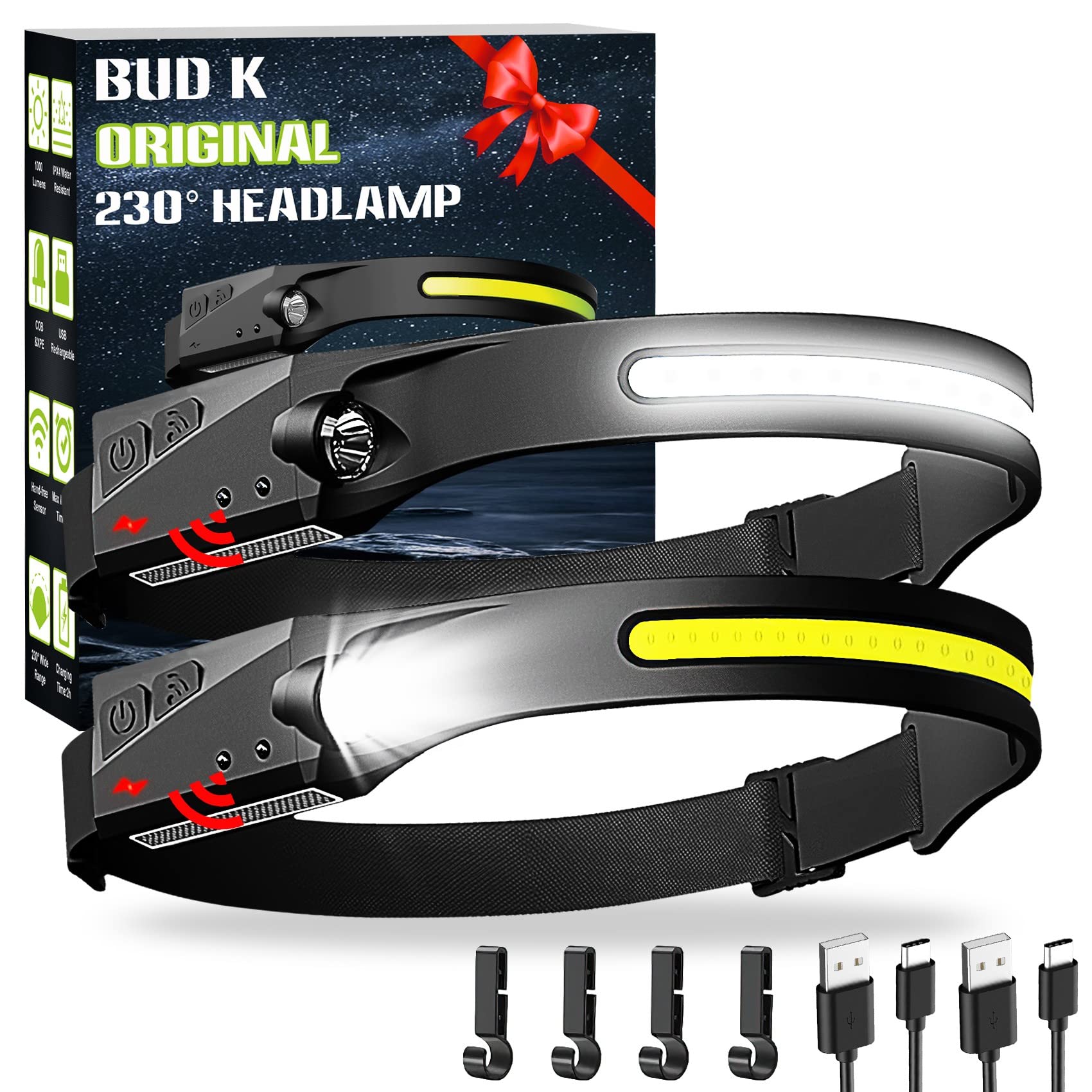 Bud K Rechargeable Headlamp 2 Pack, 230° Wide Beam, LED, Motion Sensor, Model 1-2, ABS Material