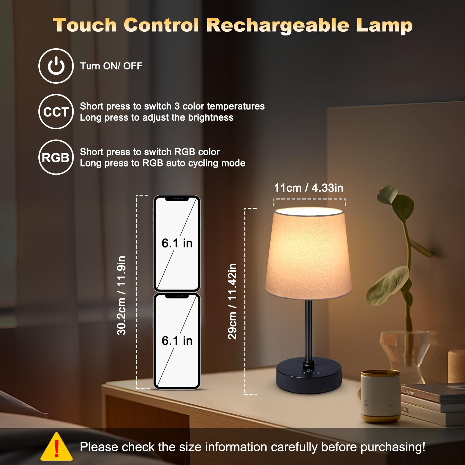 Wowag Cordless Table Lamp,5000Mah Rechargeable Battery Operated Desk Lamp,3Colors & 7 Rgb Stepless Dimmable, Portable Small Touc