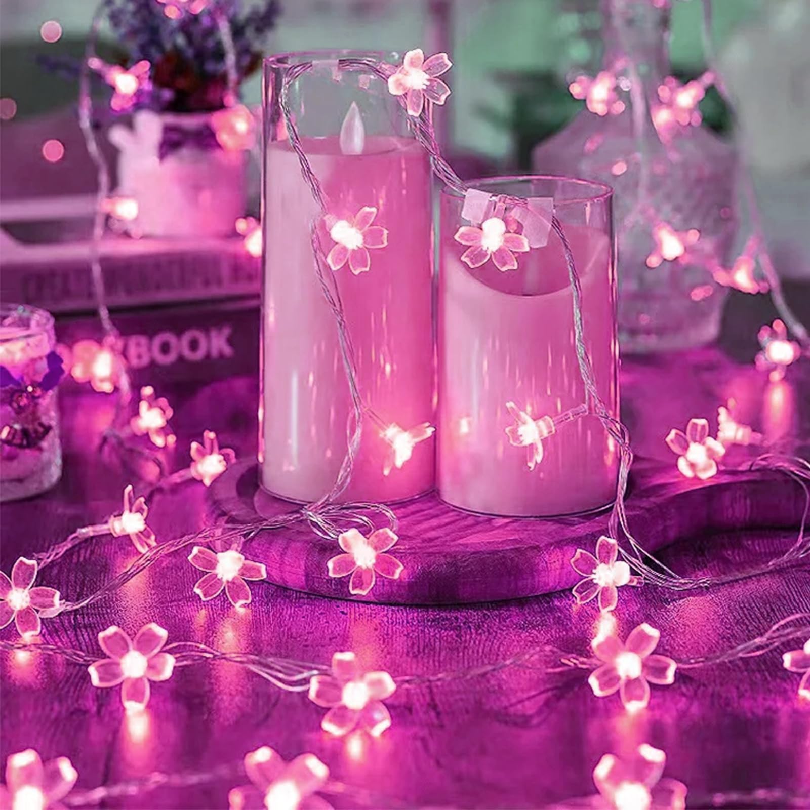 JACUXLSS Pink Flower String Lights, 33Ft 100 LED 8 Modes Fairy Cherry Blossom Christmas Easter Tree Hanging Decorations, Girls B