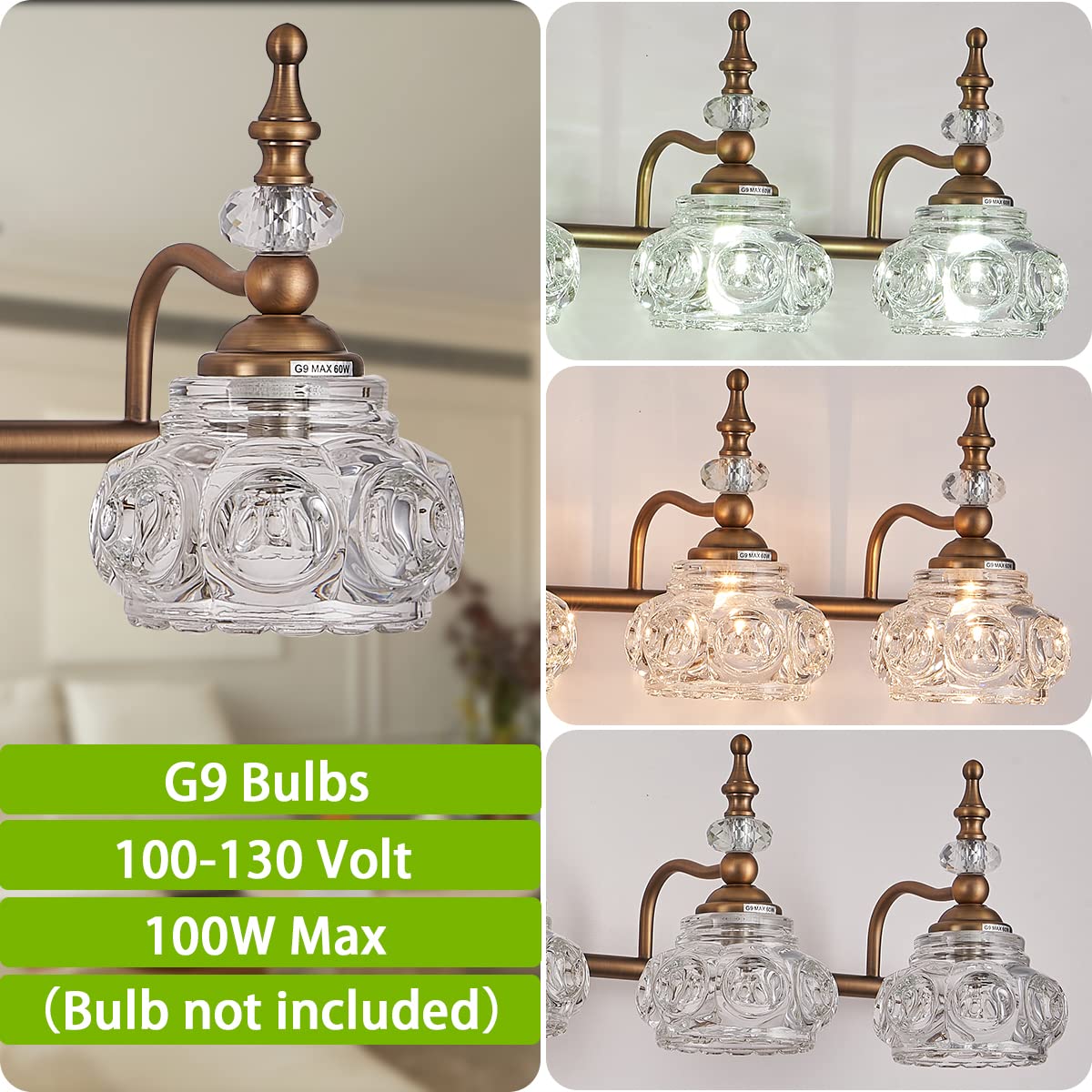 Zilanl Brass 5-Light Vintage Bathroom Vanity Light With Crystal Glass Shade