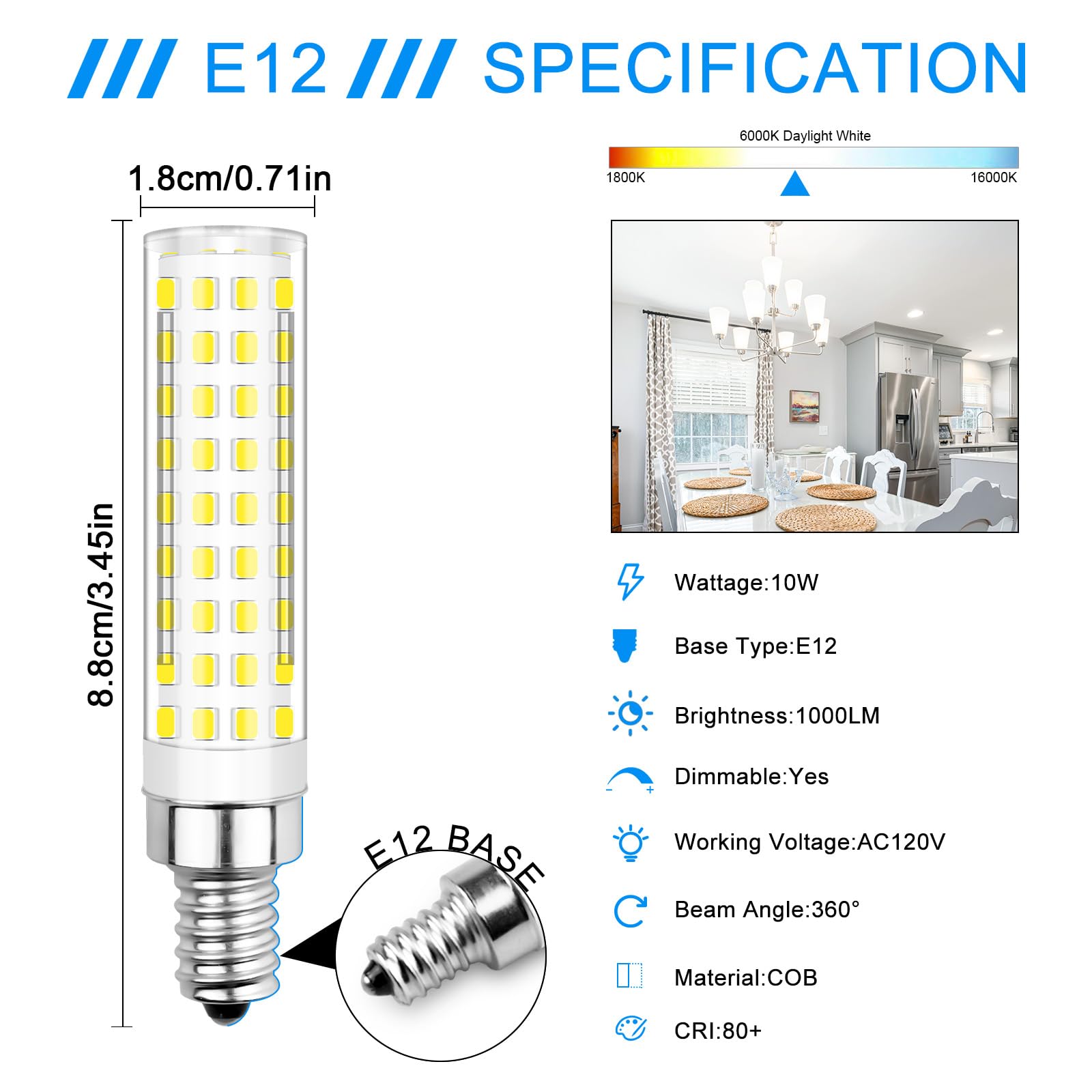 Tzhilan E12 Led Bulbs 100 Watt Equivalent 10W Candelabra Light Bulbs Dimmable, Cool White 6000K, Ac120V 1100 Lumen For Chandelie