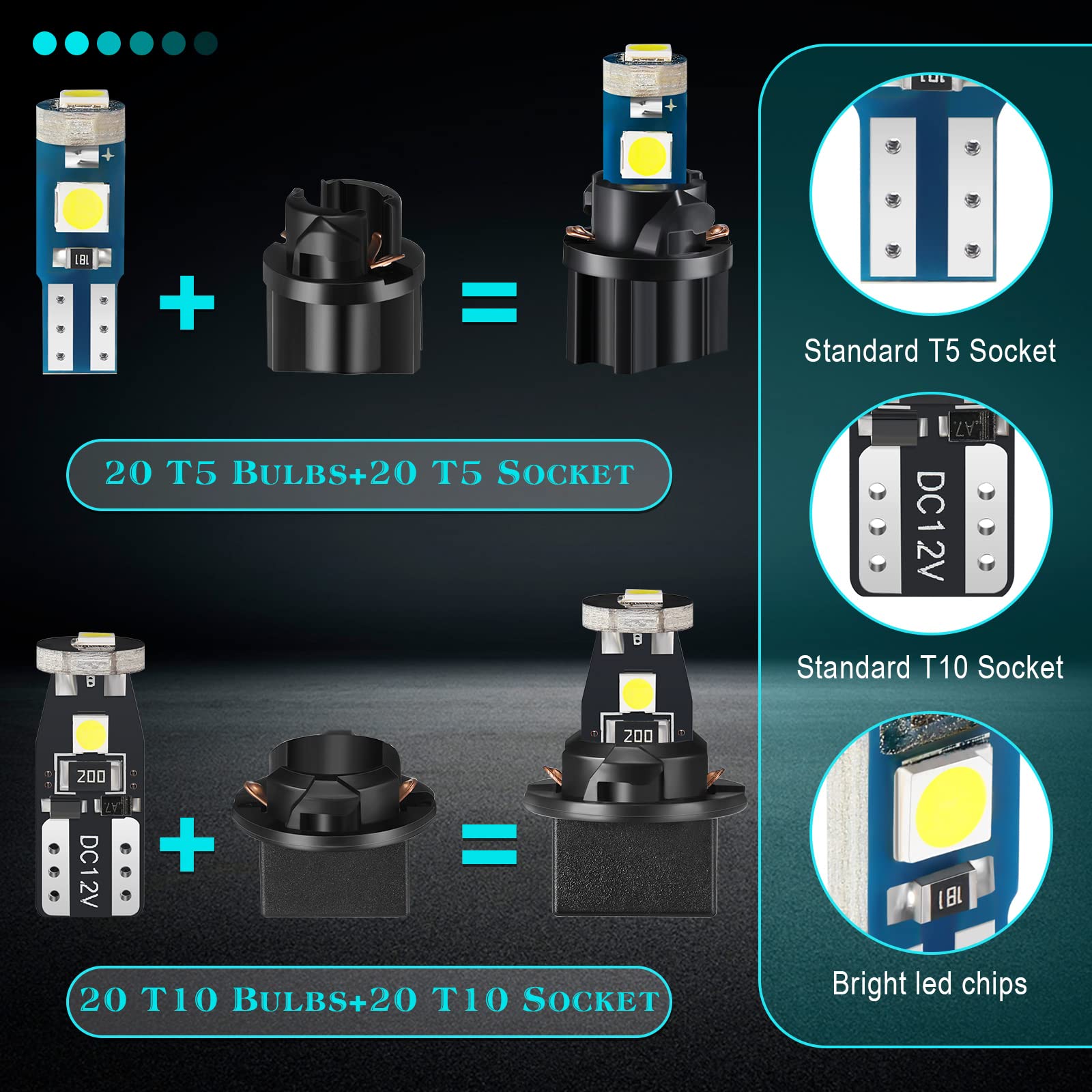 BBTO 40 Pieces LED Bulbs for Car Dashboard - White Twist Socket Instrument Lights