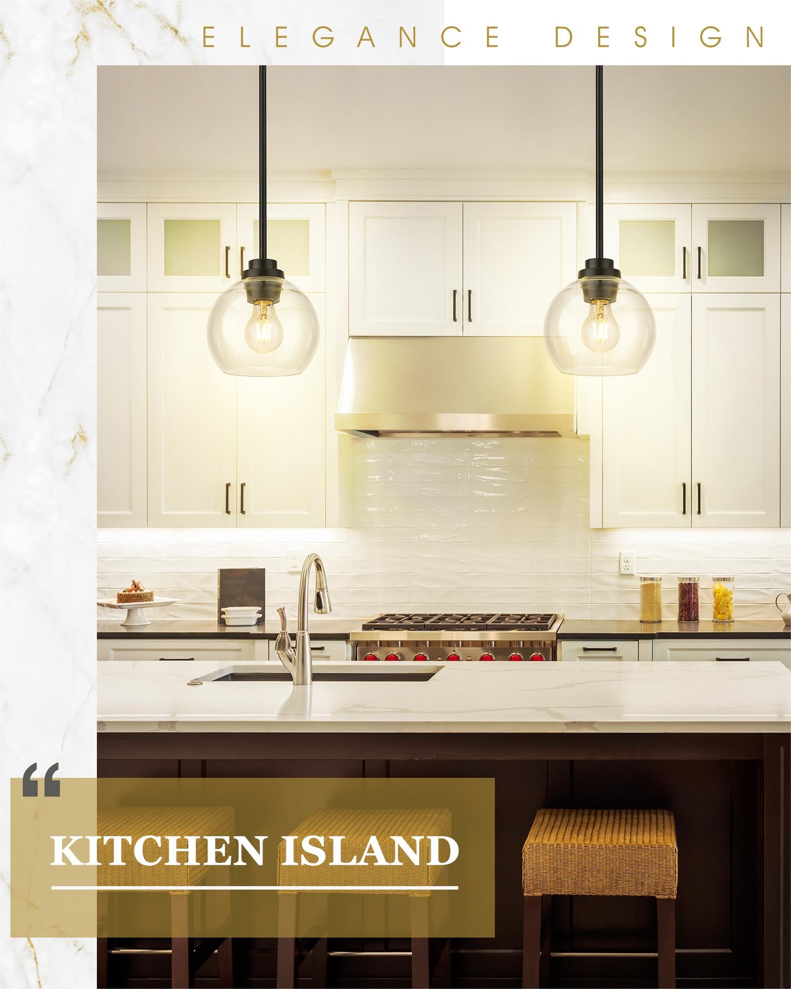 Audickic Pendant Lights Kitchen Island, 7&quot; Modern Black Hanging Lights Fixtures With Clear Glass Globe Shade, Kitchen Island Lighting For Bathroom, Ad-22280-1P-Bk-C